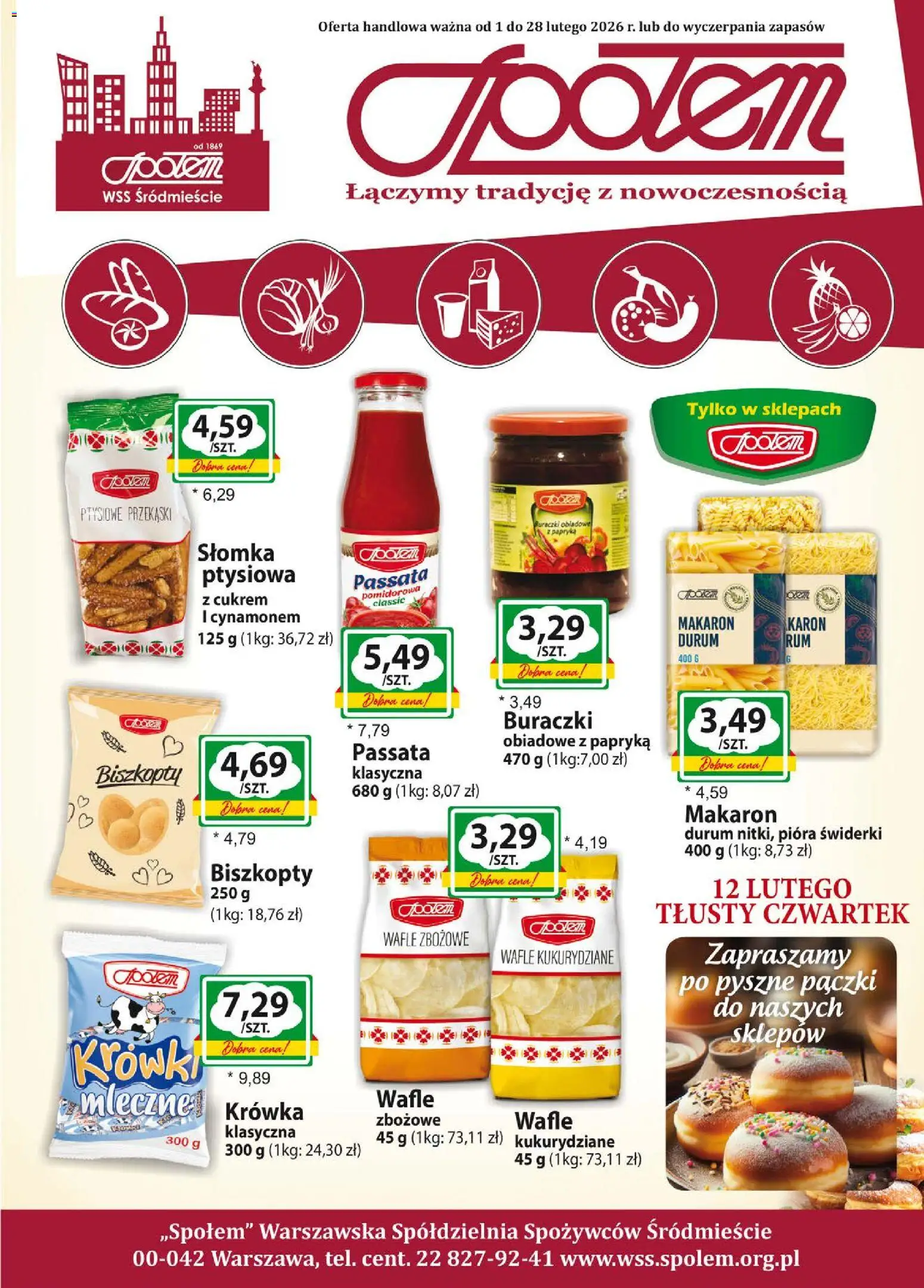 Społem Gazetka od 01.02.2026 | Strona: 1 | Produkty: Wafle, Słomka ptysiowa, Makaron, Krówki