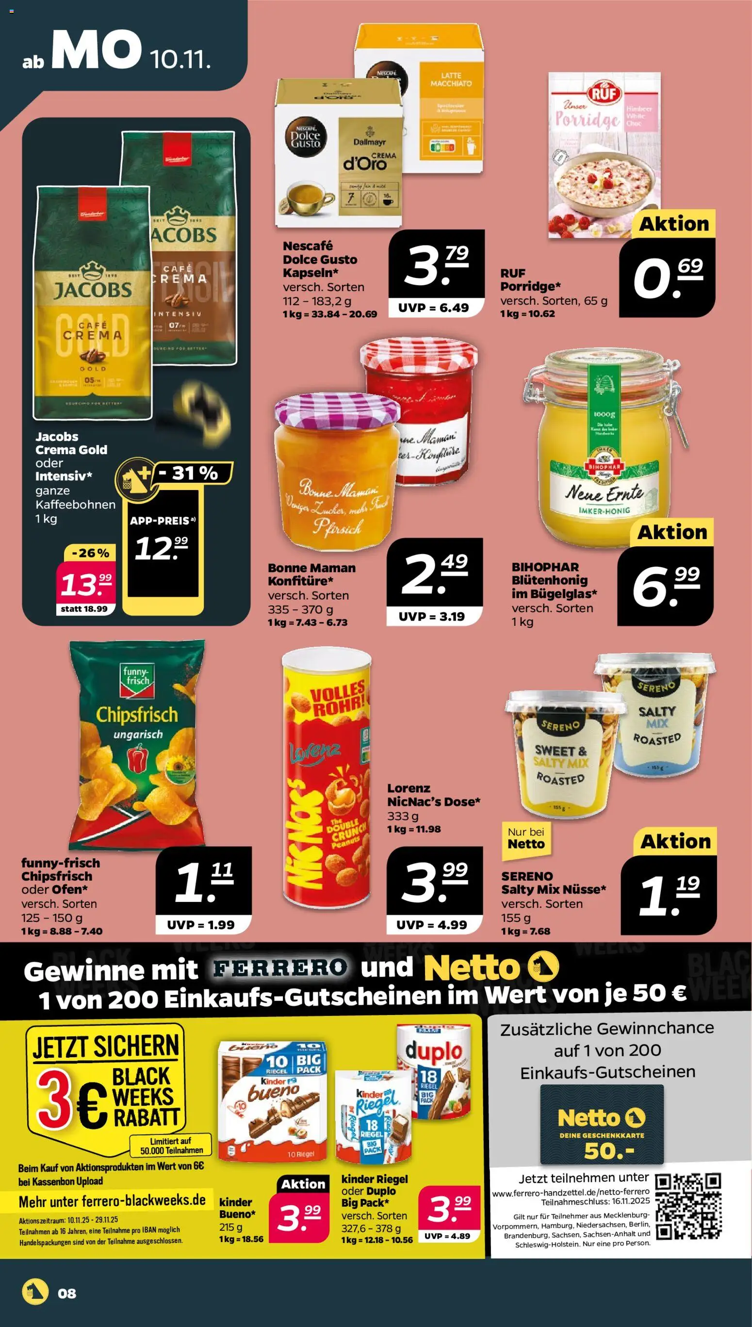 Netto Prospekt 	 – gültig ab 10.11.2025 | Seite: 8 | Produkte: Funny frisch, Kinder riegel, Bonne maman, Dolce gusto