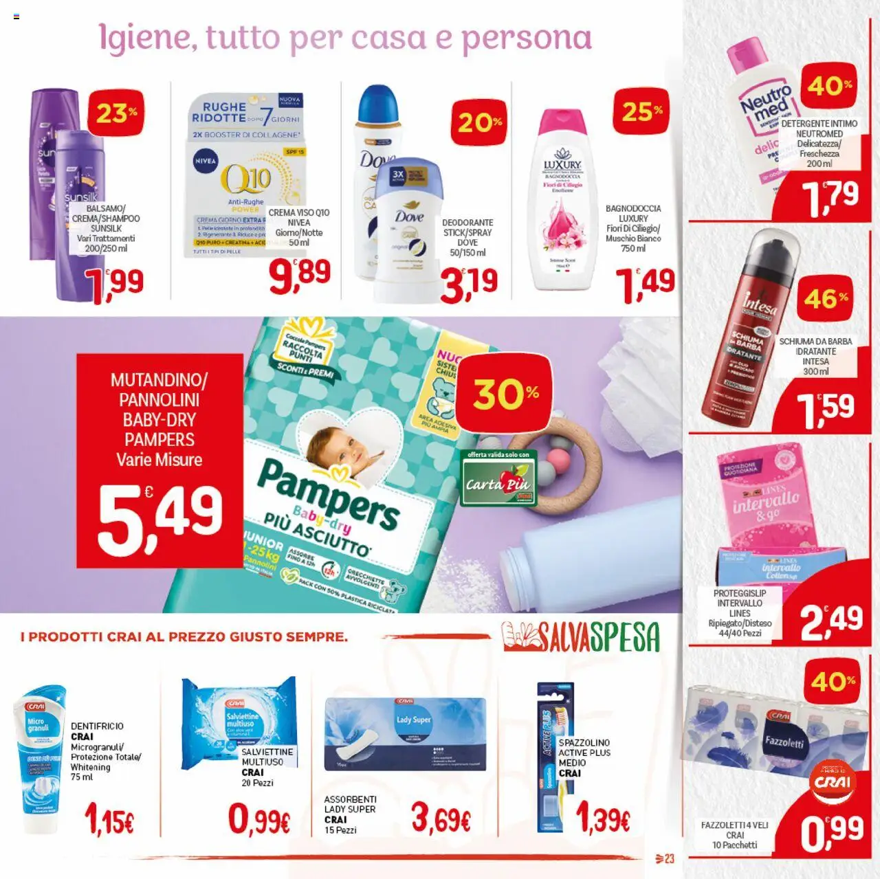Volantino CRAI del 18.09.2025 | Pagina: 23 | Prodotti: Schiuma da barba, Deodorante, Pampers, Orecchiette