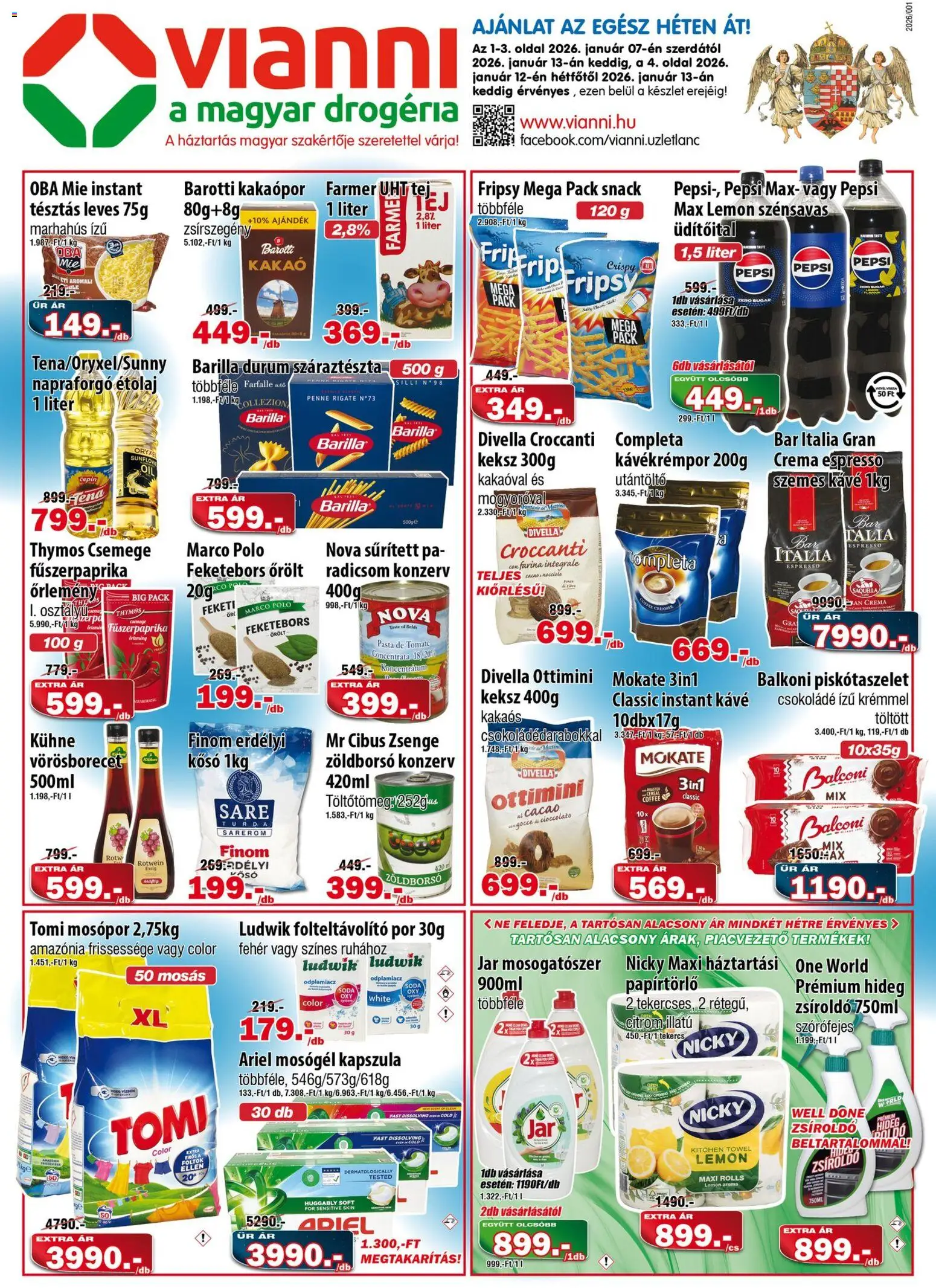 Vianni akciós ujság - amely érvényes a következő dátumtól: 07.01.2026 | Oldal: 1 | Termékek: Mosógél, Tej, Marhahús, Kakaópor