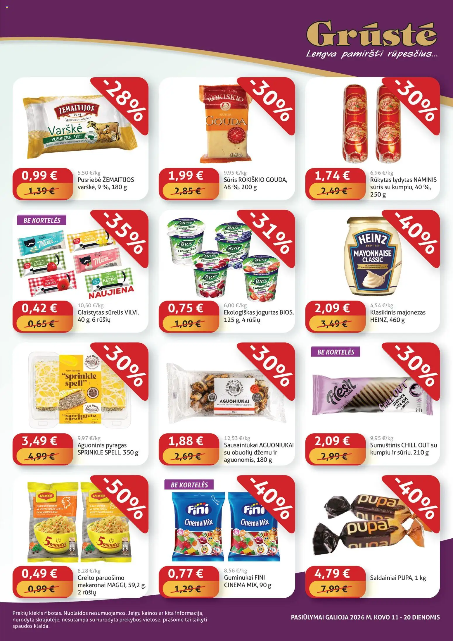 GRUSTE akcijos nuo 11.03.2026 | Puslapis: 3 | Prekių: Pyragas, Majonezas, Guminukai, Saldainiai