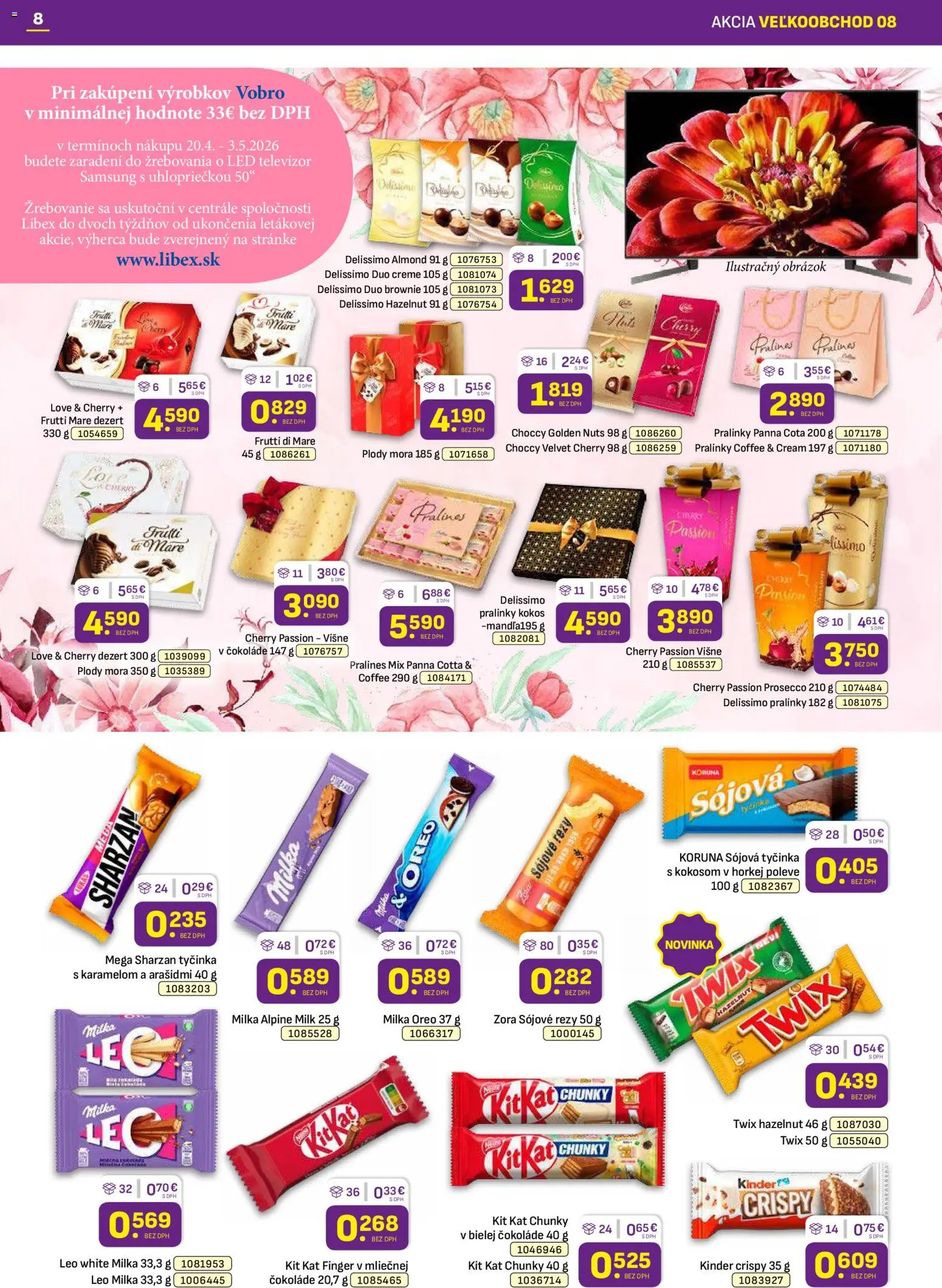 Nové Libex akcie – leták je platný od 20.04.2026 | Strana: 8 | Produkty: Samsung, Led, Kinder, Milka