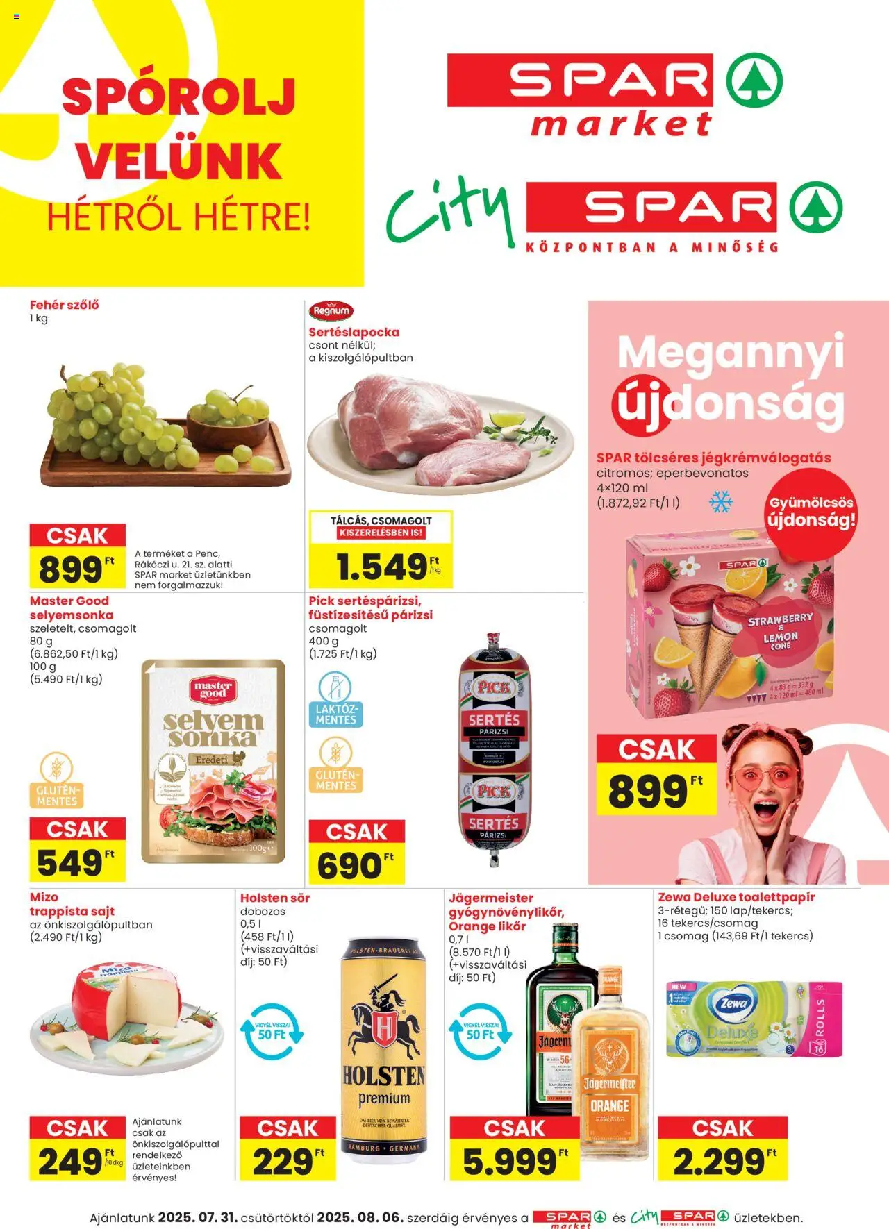 Spar Market akciós ujság - amely érvényes a következő dátumtól: 31.07.2025 | Oldal: 1 | Termékek: Jägermeister, Sonka, Sajt, Párizsi