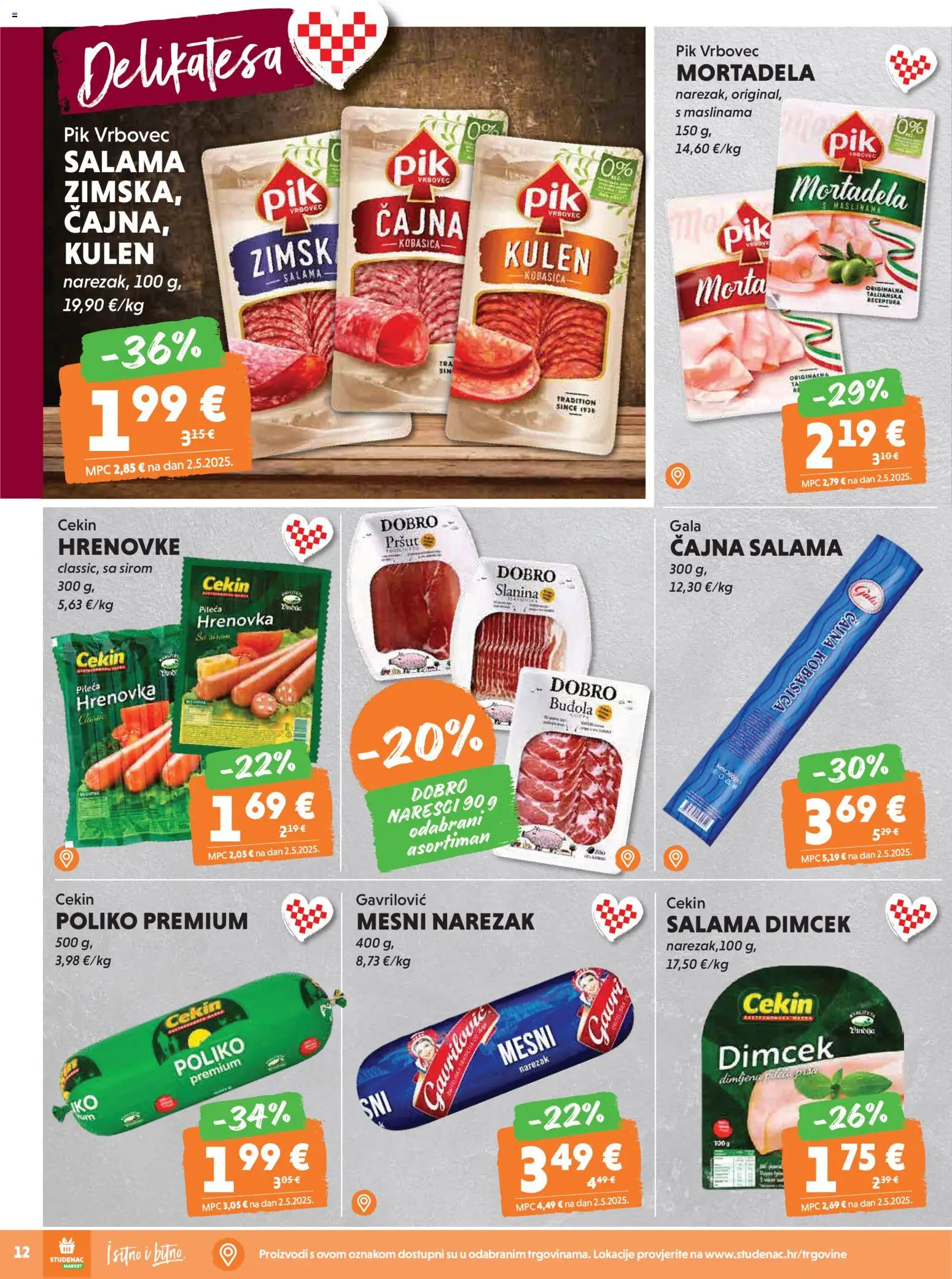 Studenac katalog | vrijedi od 08.04.2026 | Stranica: 12 | Proizvodi: Salama, Mortadela, Pik Vrbovec, Kulen