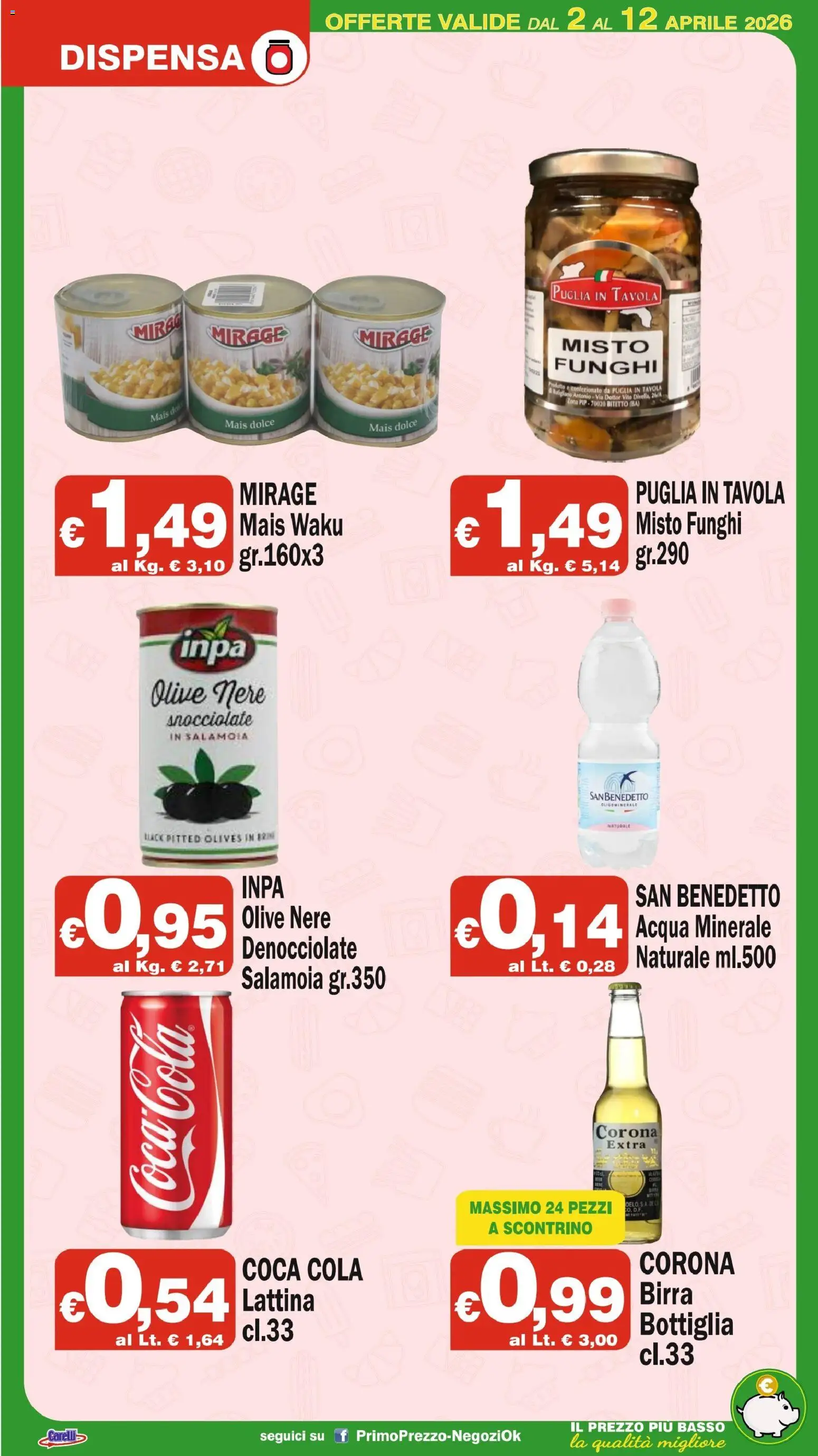 Volantino Primo Prezzo del 02.04.2026 | Pagina: 9 | Prodotti: Birra, Acqua, Mais, Coca Cola