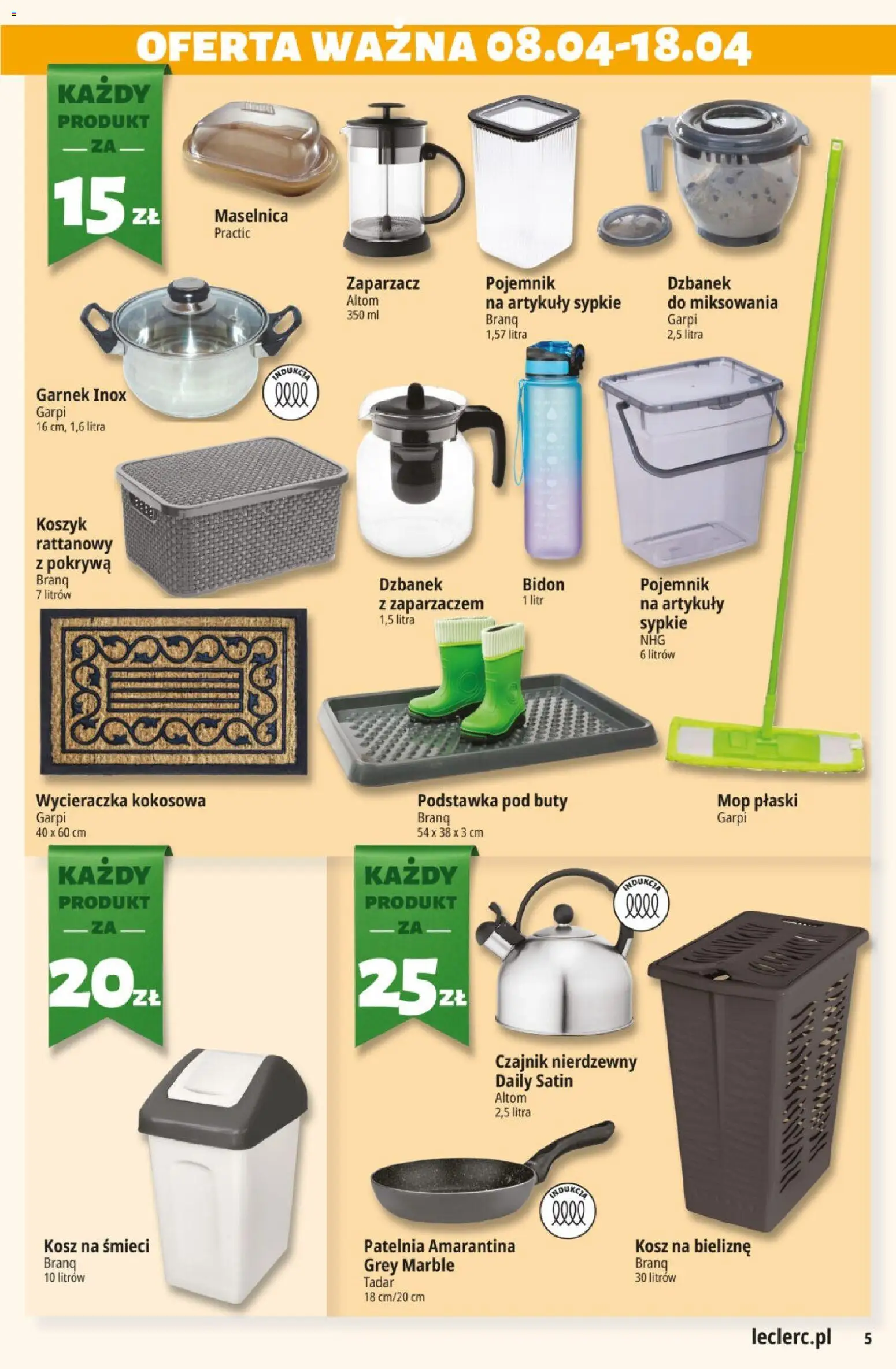 E.Leclerc gazetka od 08.04.2026 | Strona: 5 | Produkty: Czajnik, Kosz, Wycieraczka, Patelnia