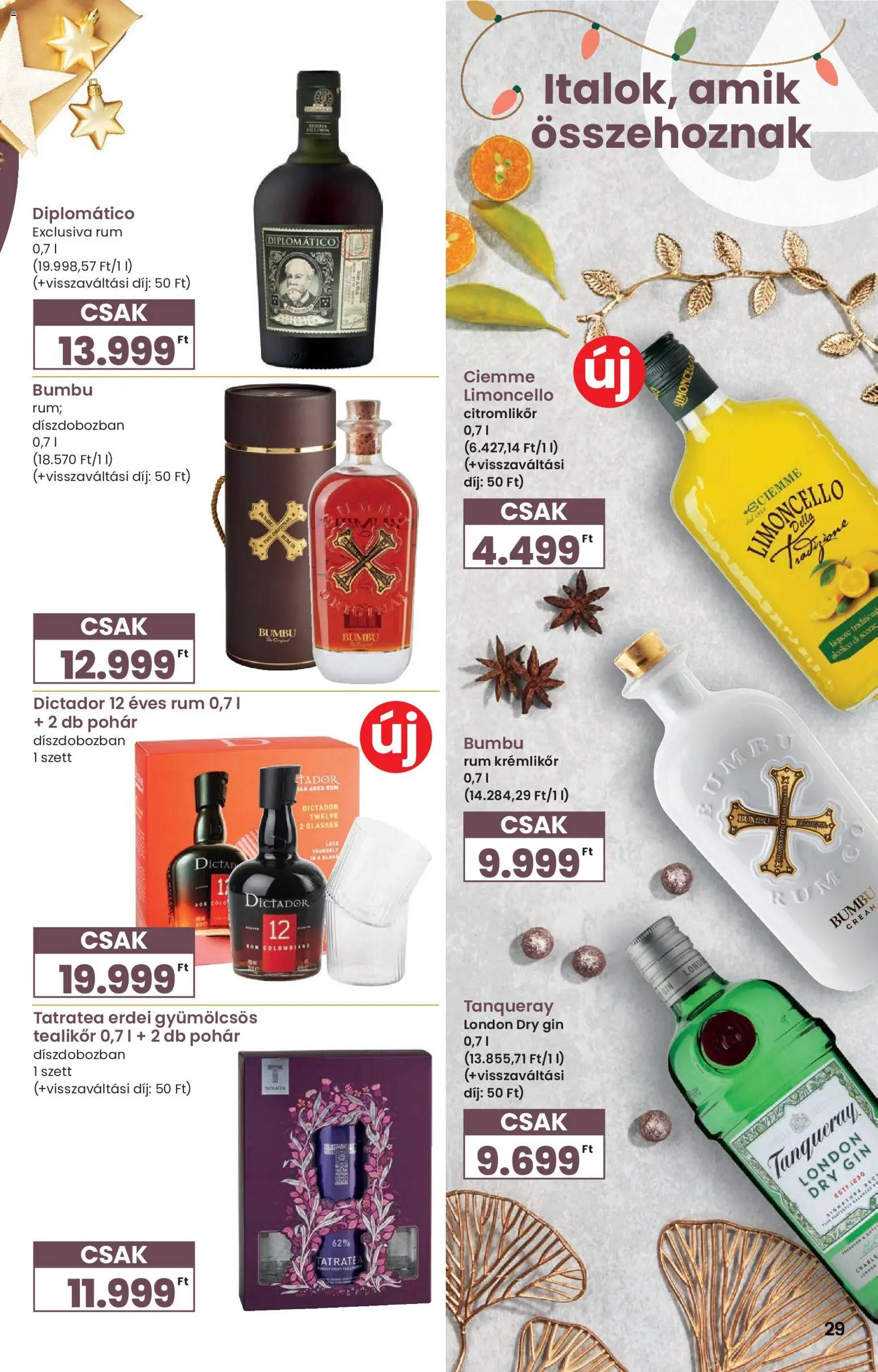 Spar akciós ujság - amely érvényes a következő dátumtól: 27.11.2025 | Oldal: 29 | Termékek: Krémlikőr, Rum, Gin, Pohár