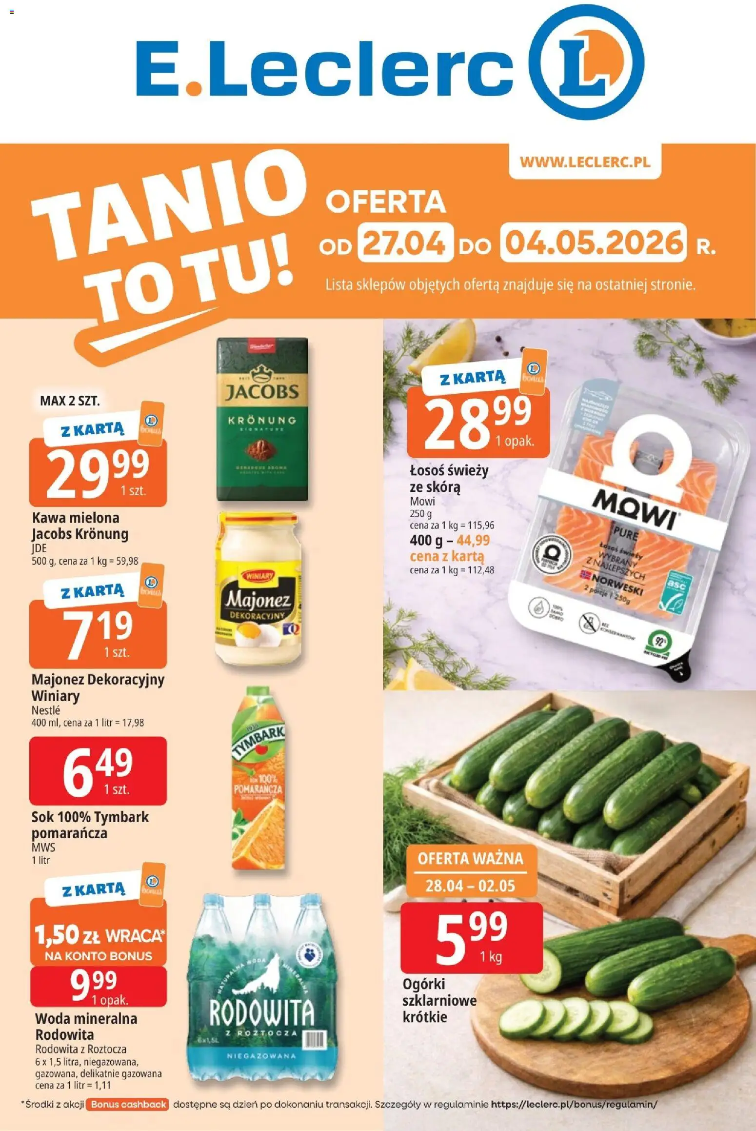 E.Leclerc gazetka - Wrocław od 27.04.2026 | Strona: 1 | Produkty: Karta, Łosoś, Woda, Majonez