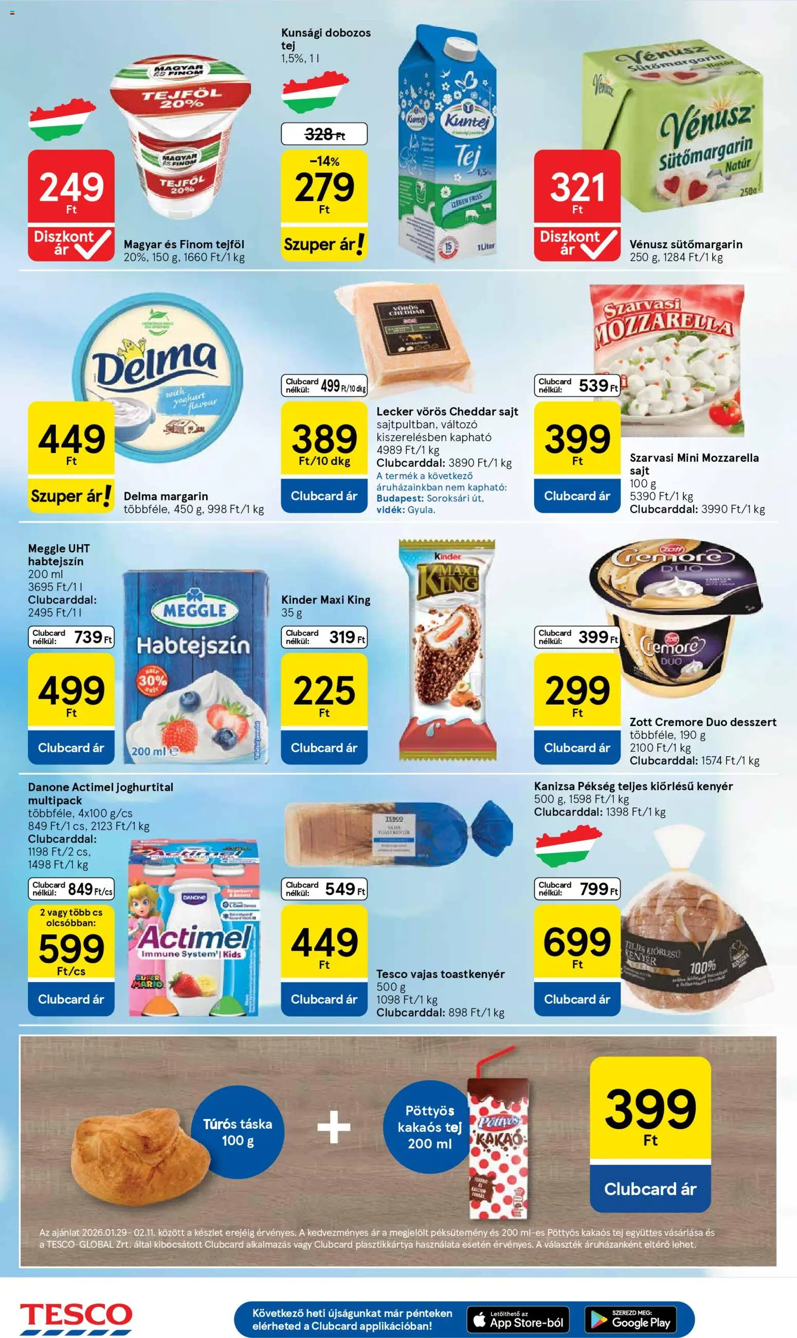 Tesco akciós ujság - amely érvényes a következő dátumtól: 29.01.2026 | Oldal: 4 | Termékek: Túrós táska, Margarin, Tej, Teljes kiőrlésű kenyér