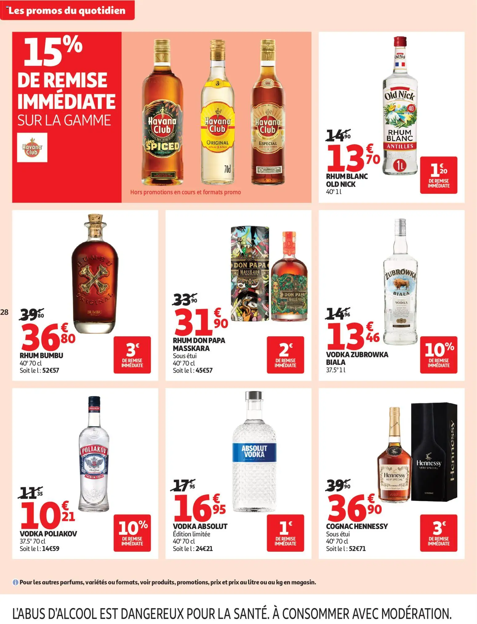 {H1} | Page: 28 | Produits: Rhum blanc old nick, Rhum bumbu, Cognac, Rhum Don Papa