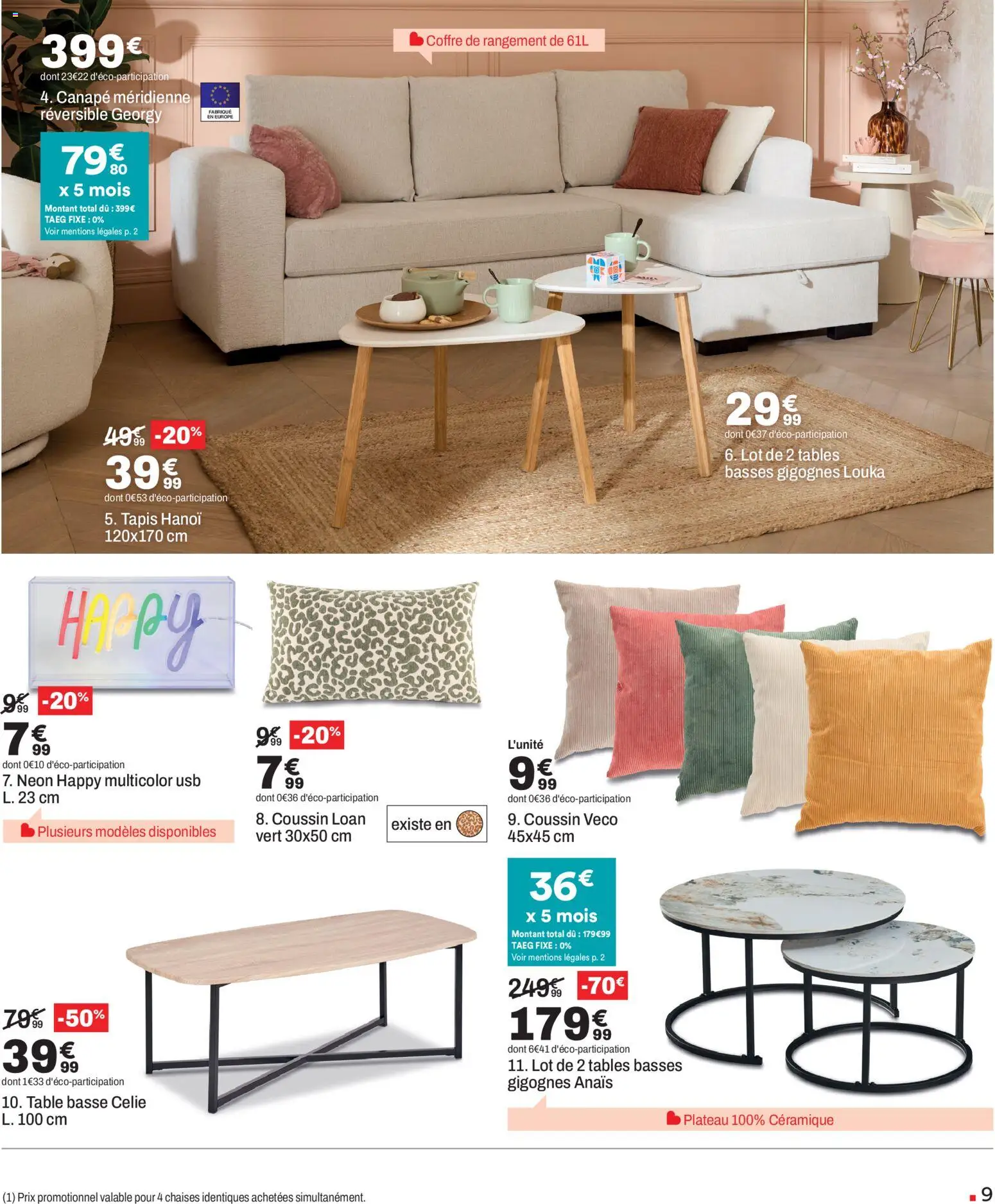 {H1} | Page: 9 | Produits: Canapé, Table basse, Table, Tapis