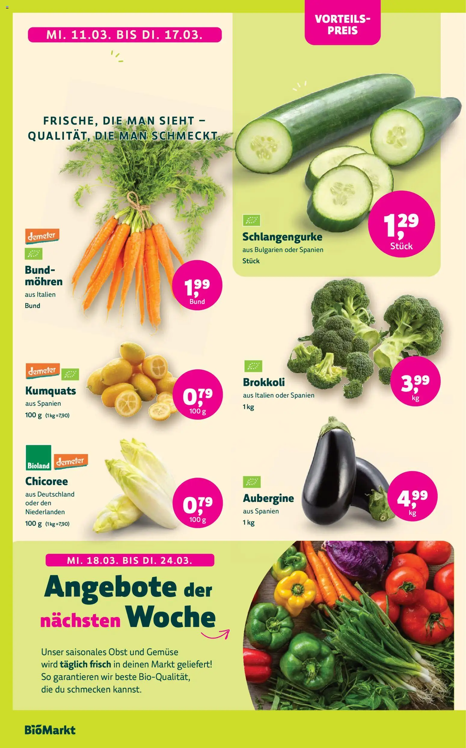 BioMarkt Prospekt – gültig ab 11.03.2026 | Seite: 2 | Produkte: Mohren, Gemüse, Obst, Aubergine