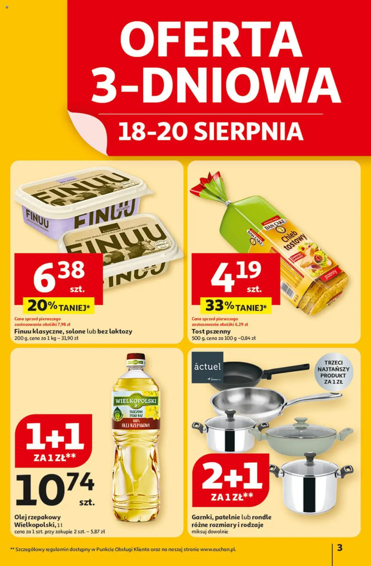Auchan Gazetka - Odlotowe ceny na start szkoły Hipermarket od 14.08.2025 | Strona: 3 | Produkty: Olej rzepakowy, Bez laktozy, Patelnie, Chleb
