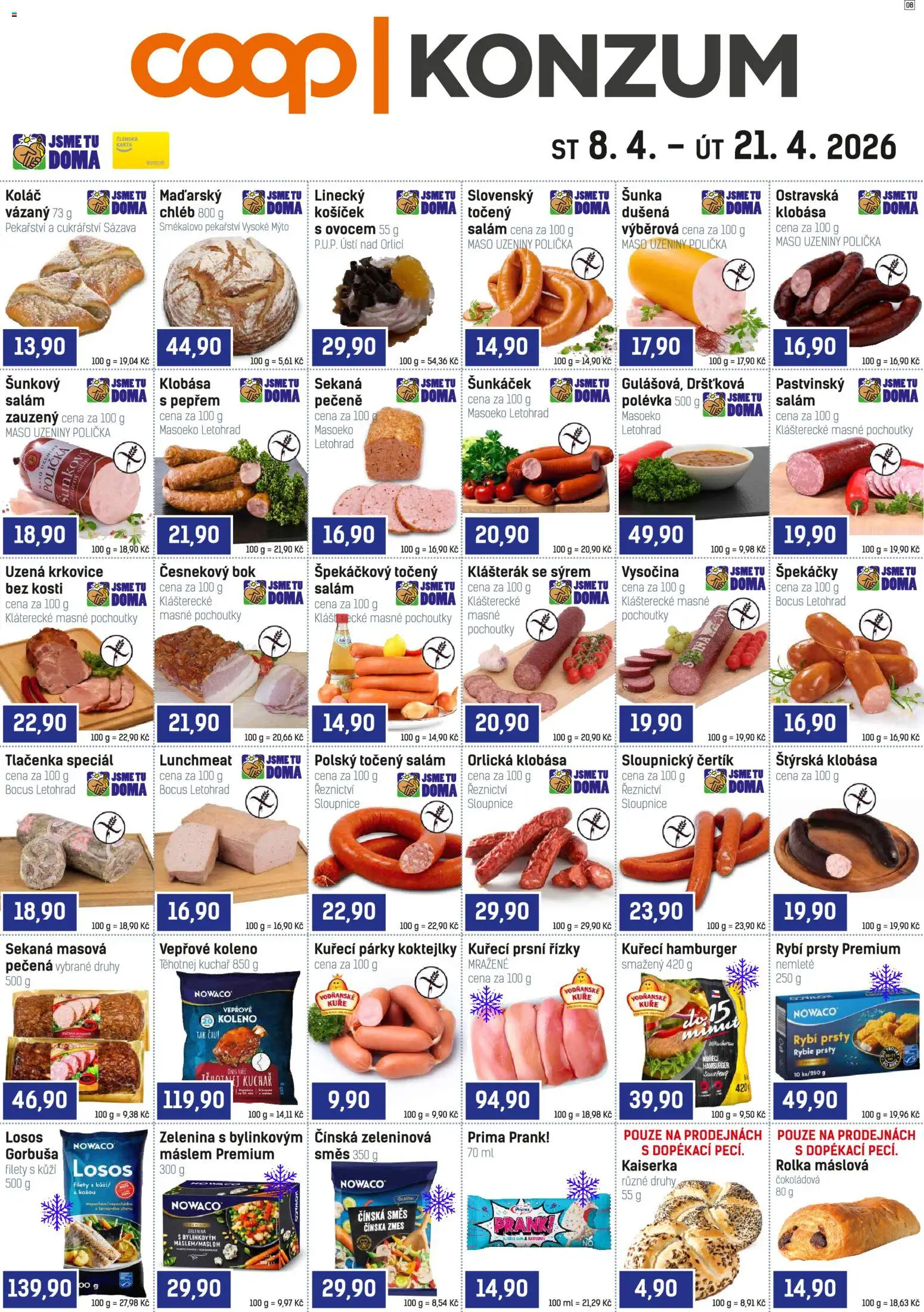 Konzum leták od 08.04.2026 | Strana: 1 | Produkty: Sekaná, Klobása, Losos, Uzeniny