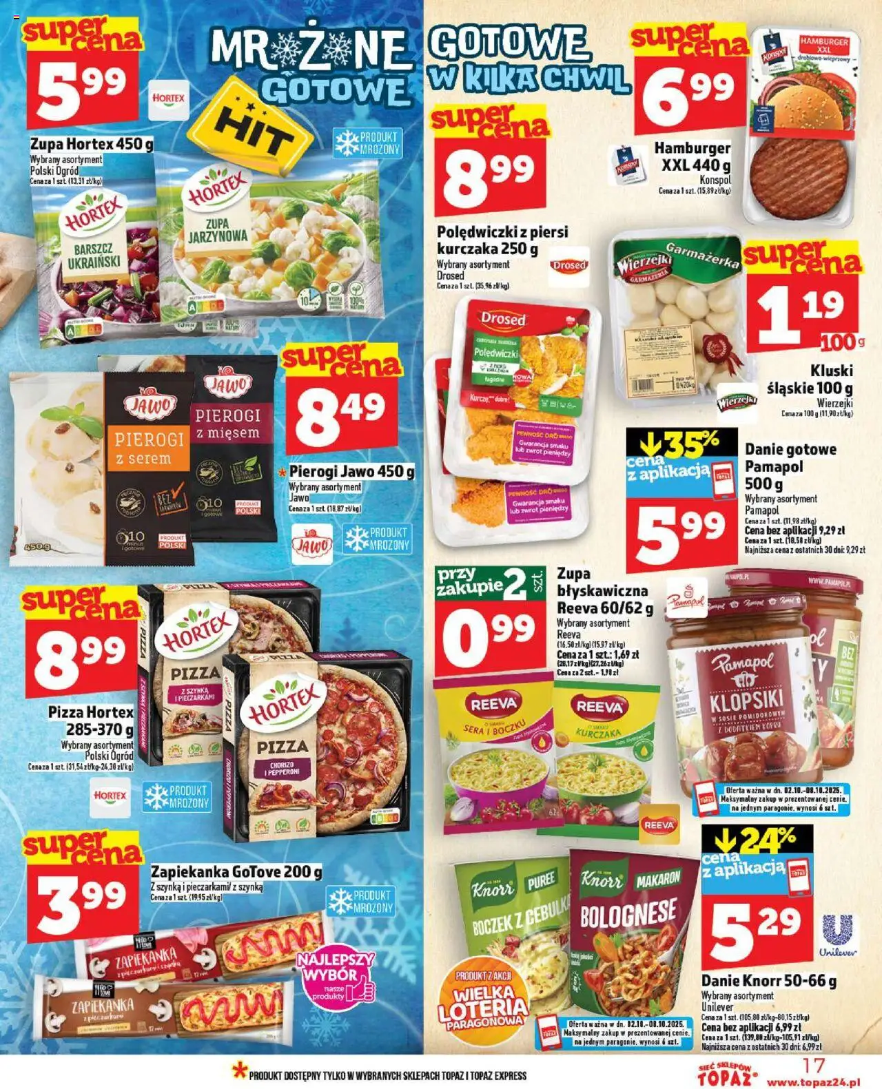 Topaz Gazetka - Ceny małe na stałe od 02.10.2025 | Strona: 17 | Produkty: Hamburger, Zapiekanka, Pierogi z mięsem, Zupa