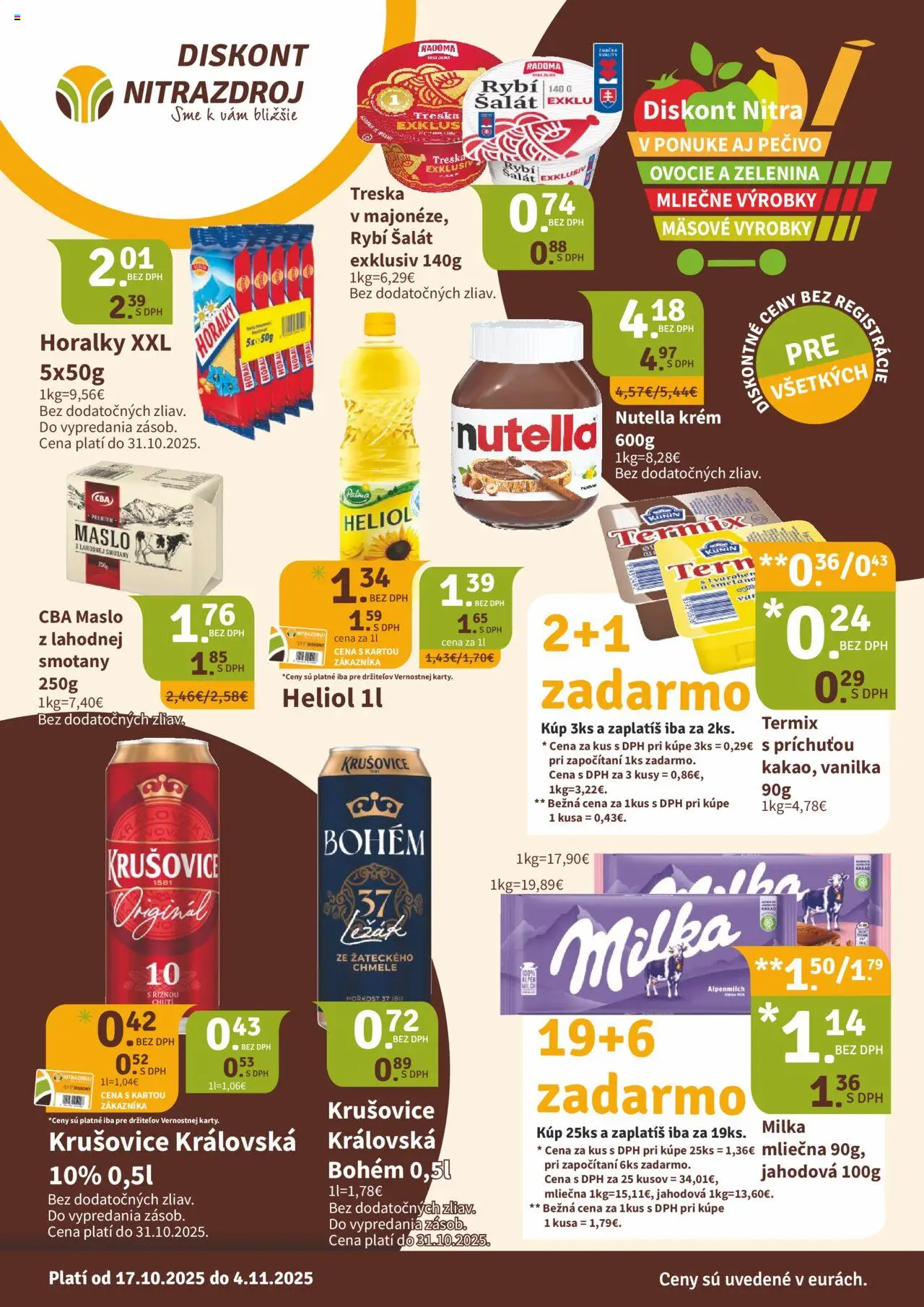 Nové Nitrazdroj akcie – leták je platný od 17.10.2025 | Strana: 1 | Produkty: Krušovice, Krém, Šalát, Treska