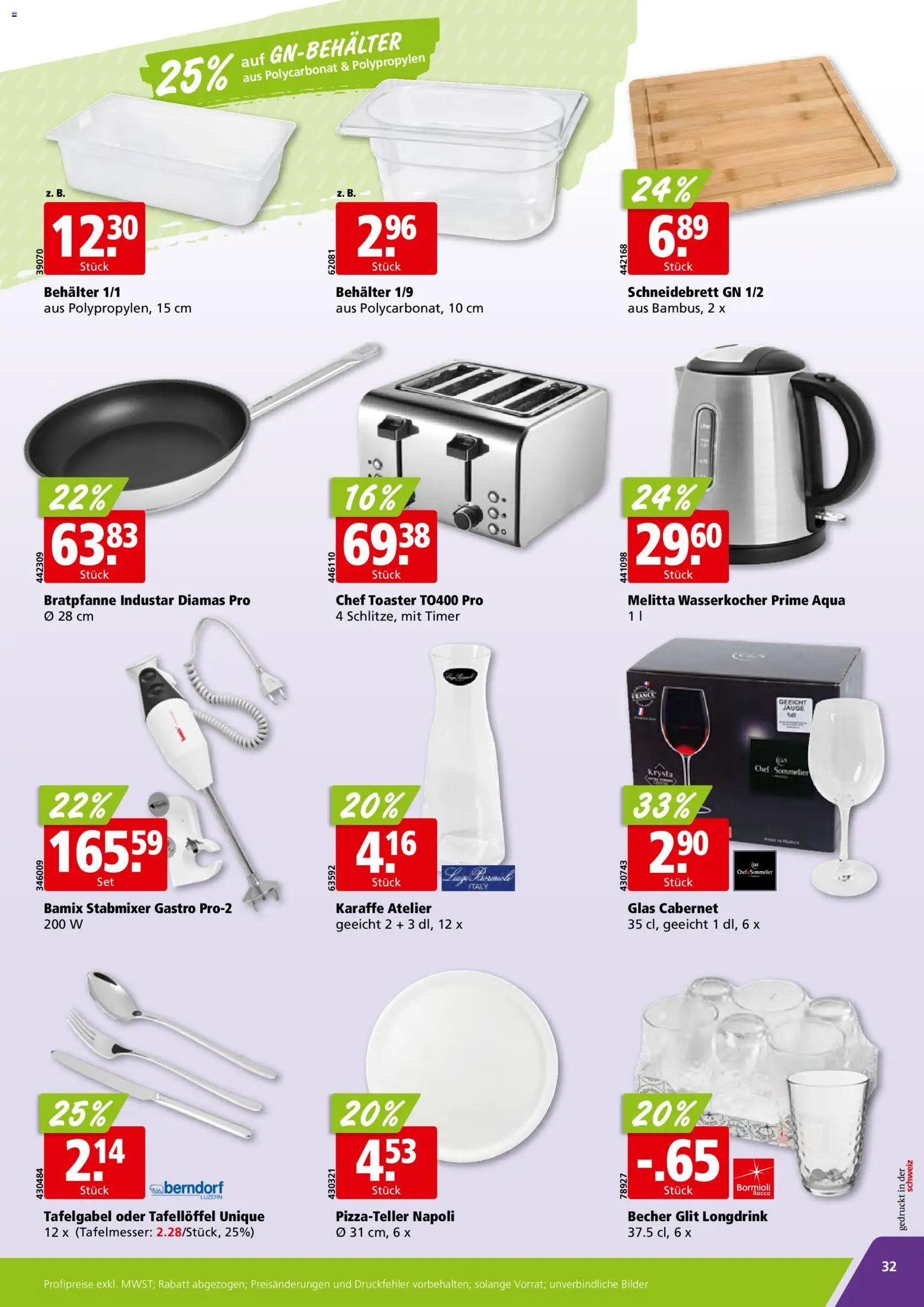 Aligro Aktionen Schlieren, Gossau SG, Frauenfeld, Rapperswil-Jona, Sargans, Bern, Brüttisellen, Pratteln, Emmen, Spreitenbach – gültig ab 17.11.2025 | Seite: 32 | Produkte: Melitta, Toaster, Wasserkocher, Stabmixer