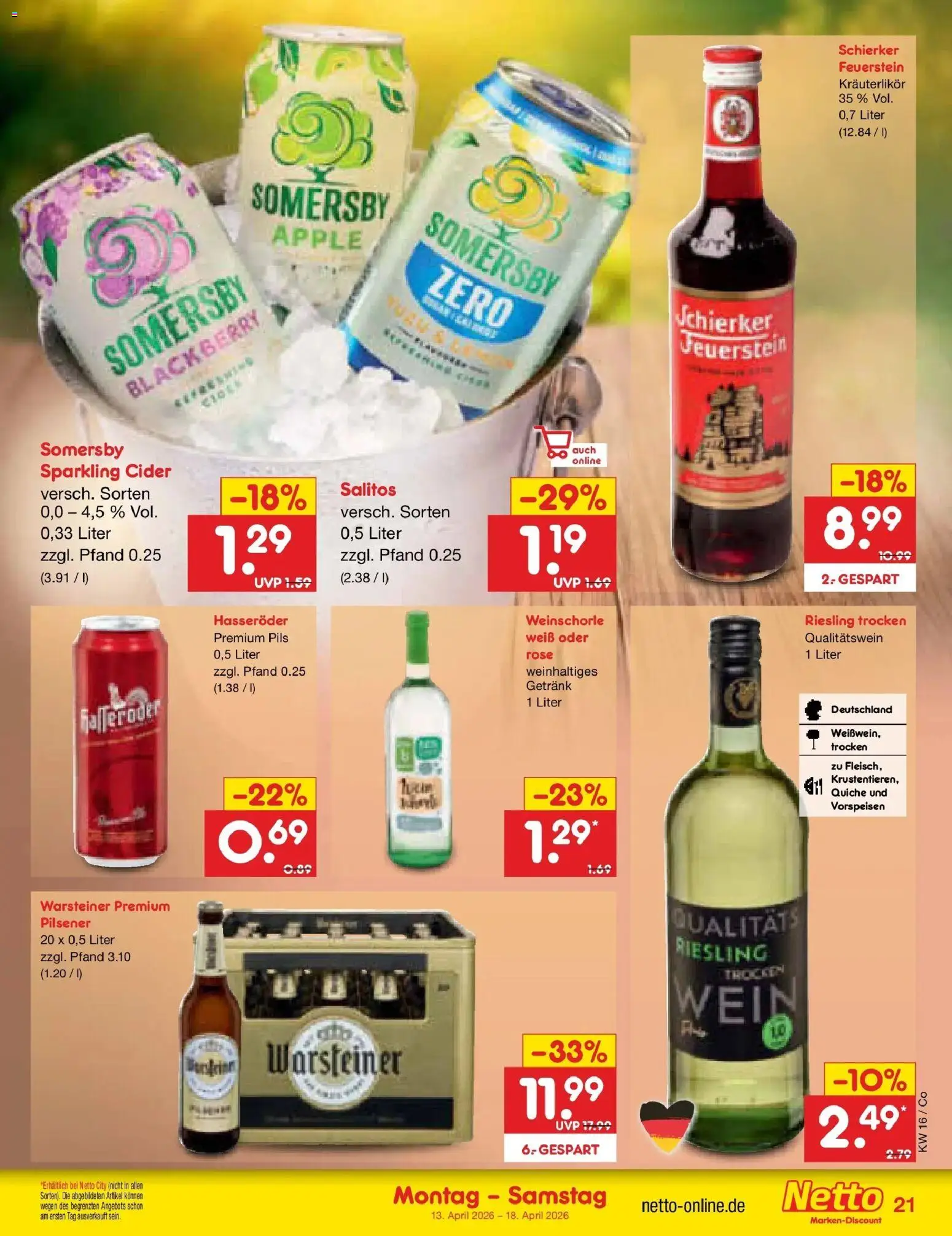 Netto Marken-Discount Prospekt Bitterfeld-Wolfen	 – gültig ab 13.04.2026 | Seite: 29 | Produkte: Weinschorle, Warsteiner, Wein, Hasseröder