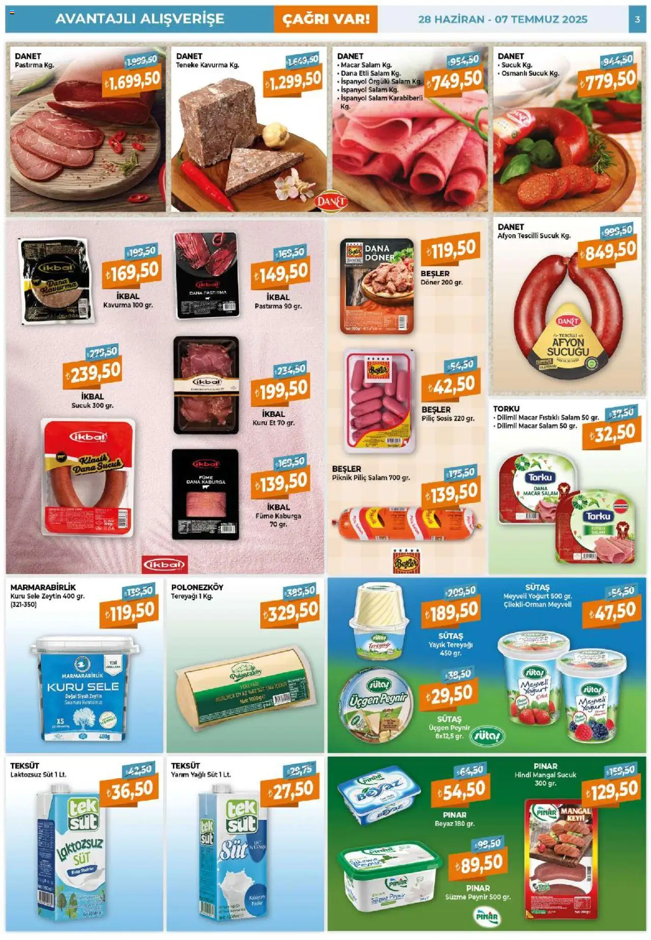 Çağrı Market Katalog - 28.06.2025 tarihinden itibaren geçerlidir | Sayfa: 3 | Ürünler: Meyveli yoğurt, Süzme peynir, Piliç, Sucuk