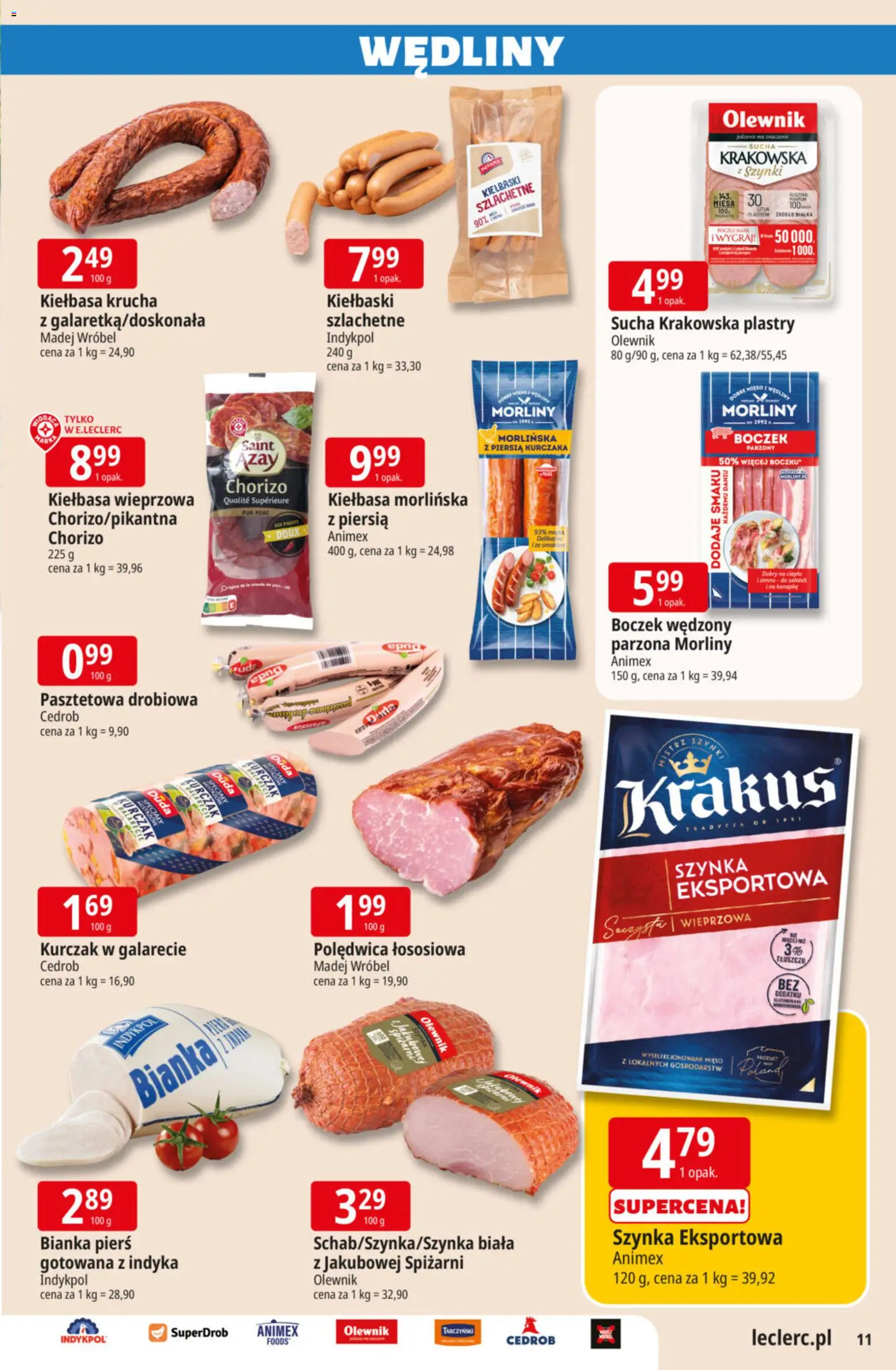 E.Leclerc Gazetka od 24.02.2026 | Strona: 11 | Produkty: Mięso, Kiełbaski, Szynka, Boczek wędzony