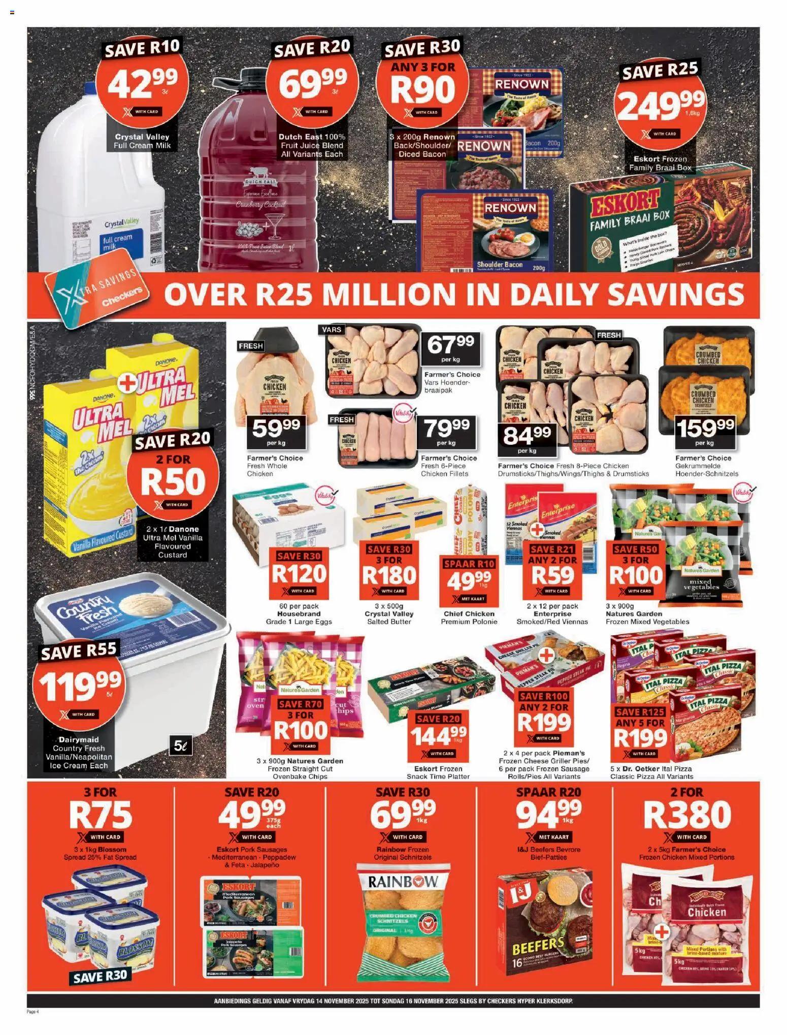 New Checkers catalogue – valid from 14.11.2025 | Page: 4 | Products: Box, Milk, Chips, Fruit