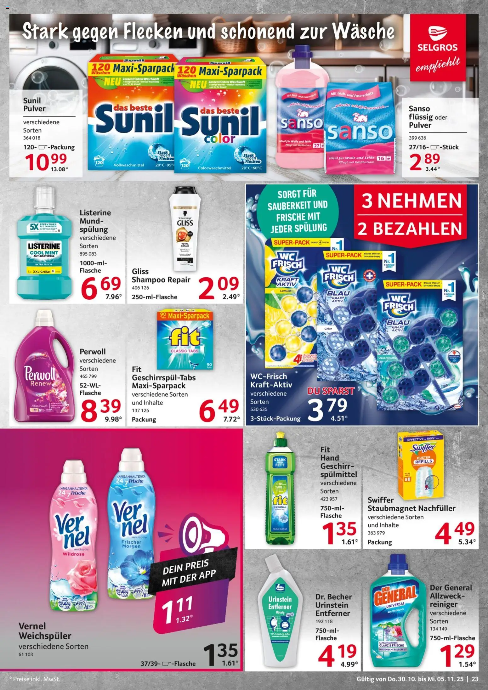 Selgros Prospekt 	 – gültig ab 30.10.2025 | Seite: 23 | Produkte: Shampoo, Weichspüler, Swiffer, Listerine