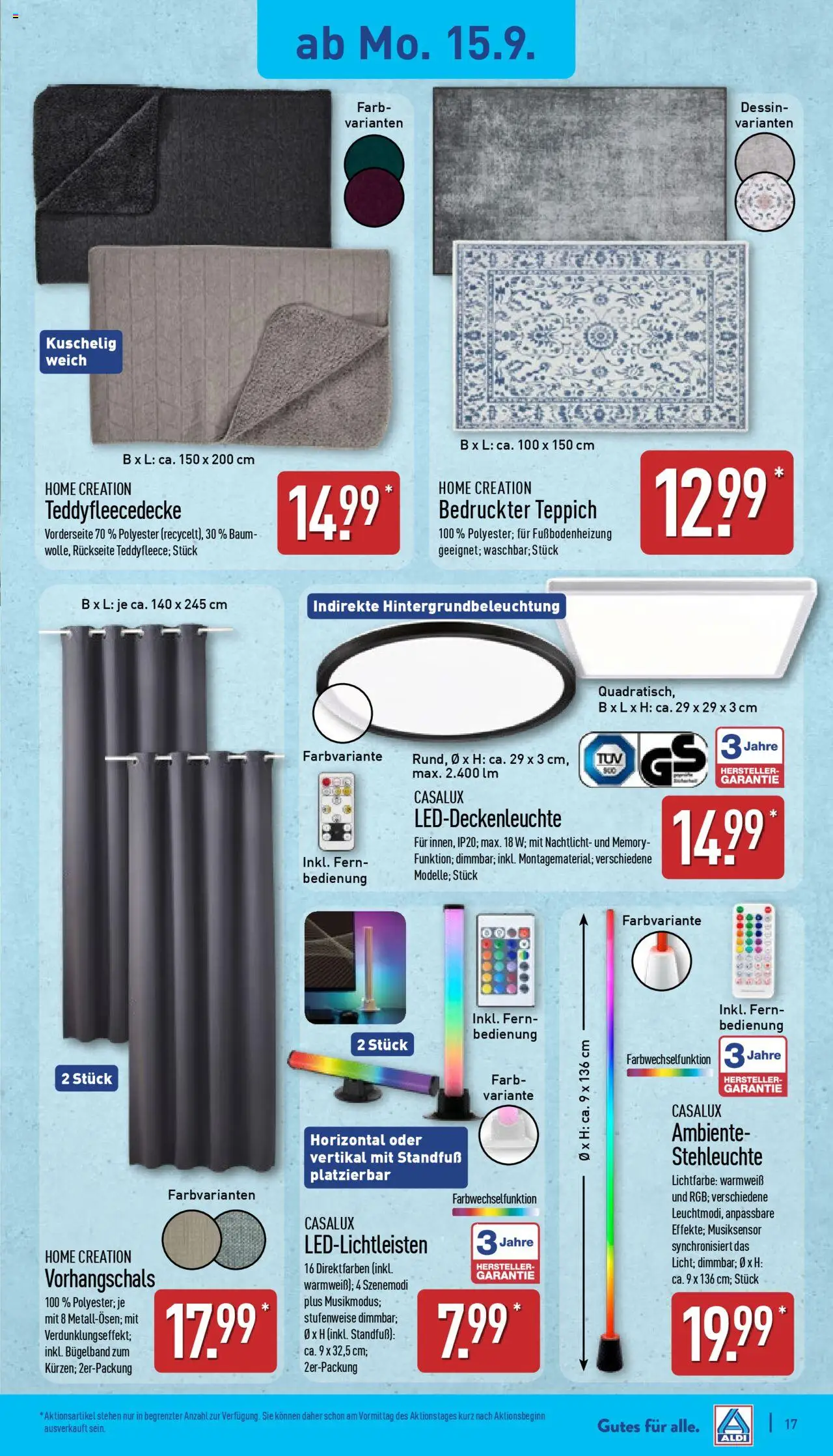 Aldi Prospekt 	 – gültig ab 15.09.2025 | Seite: 17 | Produkte: Teppich, Nachtlicht, Home creation