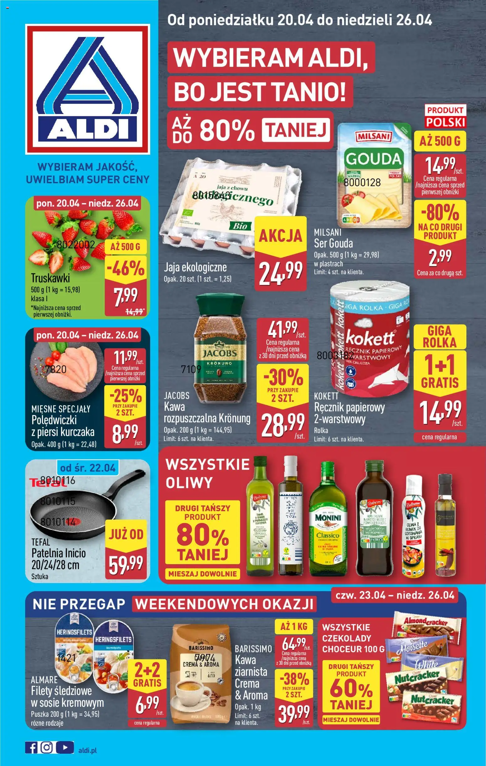 Aldi gazetka od 20.04.2026 | Strona: 1 | Produkty: Piersi, Ser, Truskawki, Ręcznik papierowy