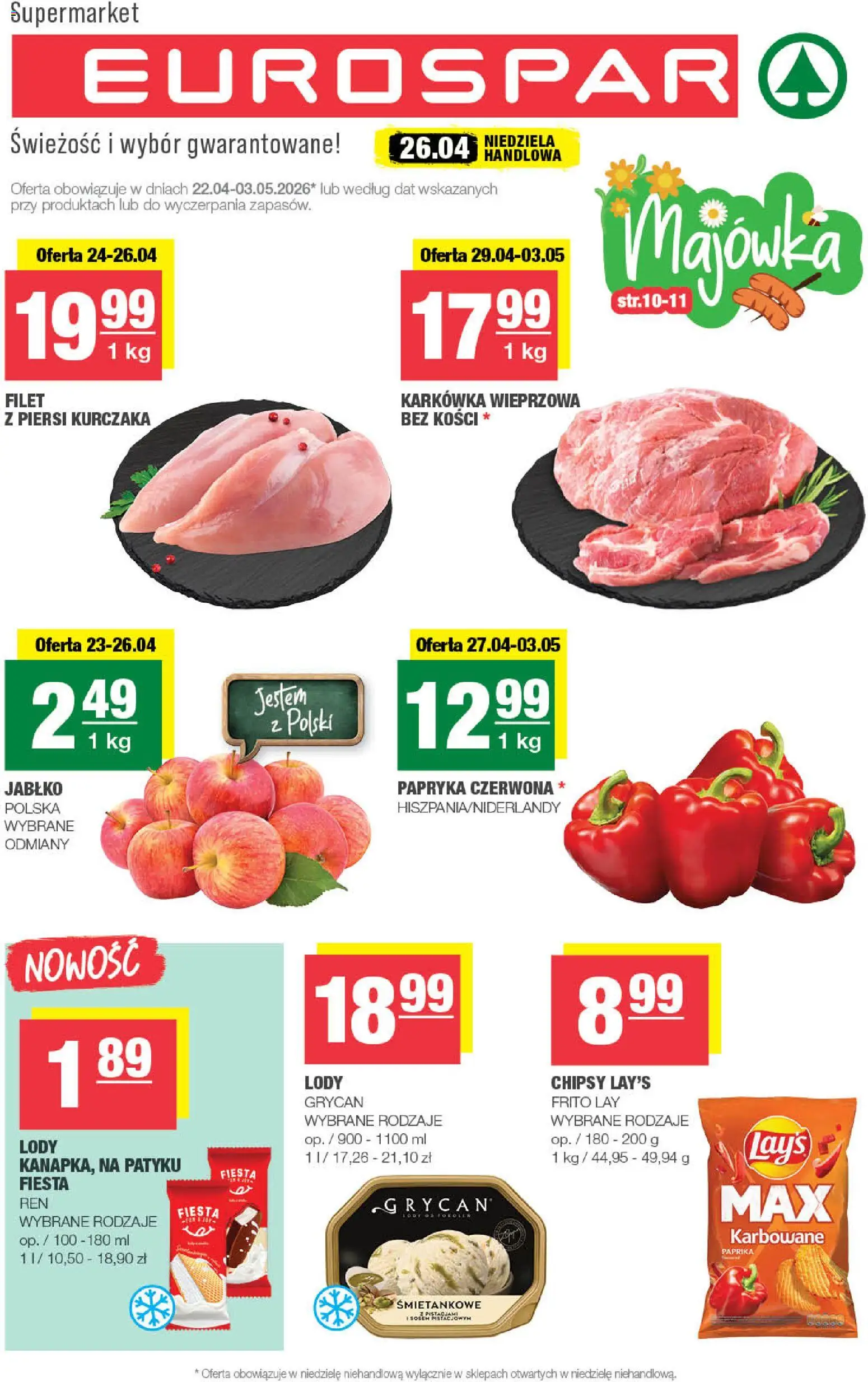 Spar gazetka - Eurospar od 22.04.2026 | Strona: 1 | Produkty: Chipsy, Karkówka wieprzowa, Papryka czerwona, Lody
