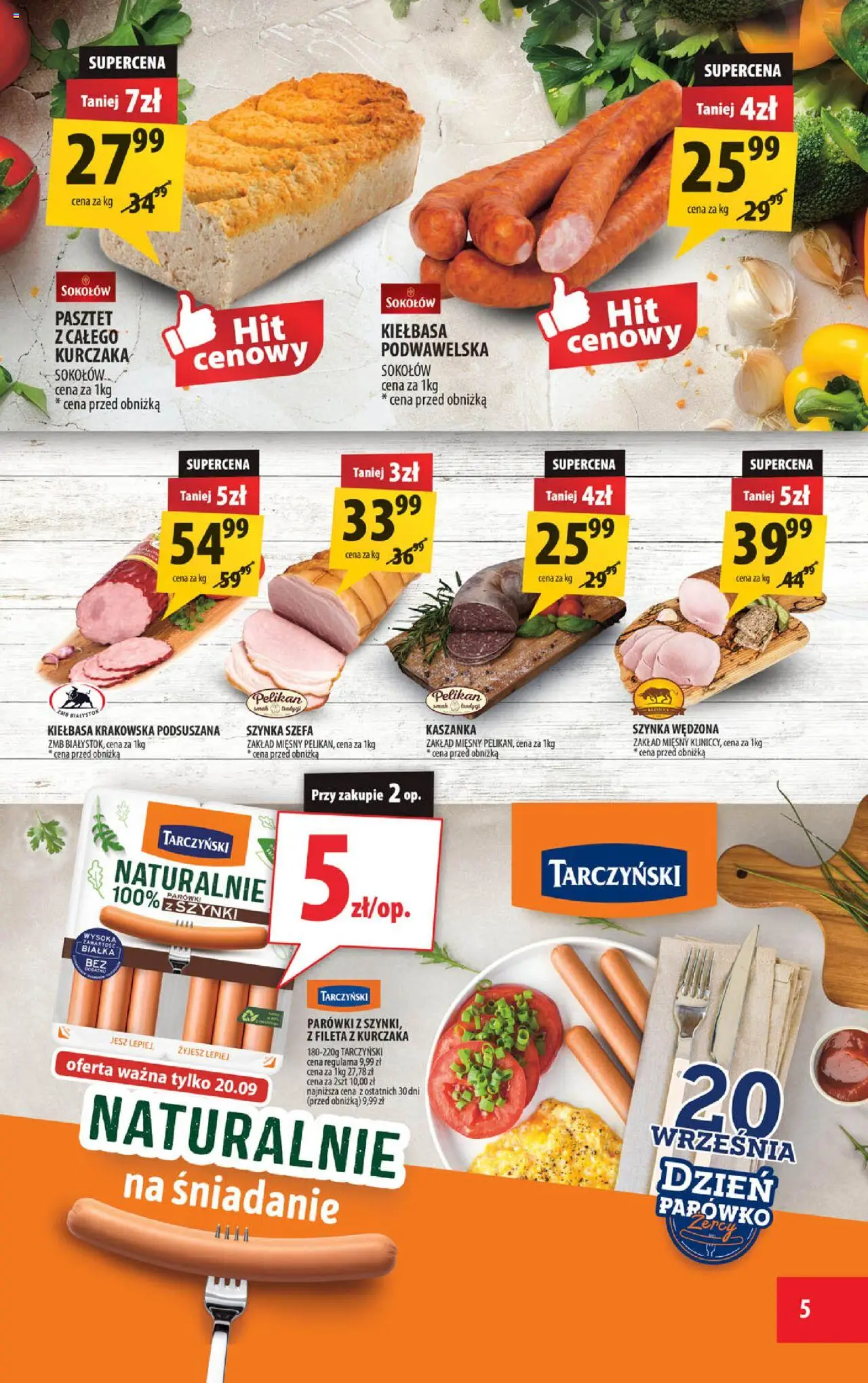 Arhelan Gazetka od 12.09.2025 | Strona: 5 | Produkty: Parówki, Kaszanka, Szynka, Kiełbasa krakowska