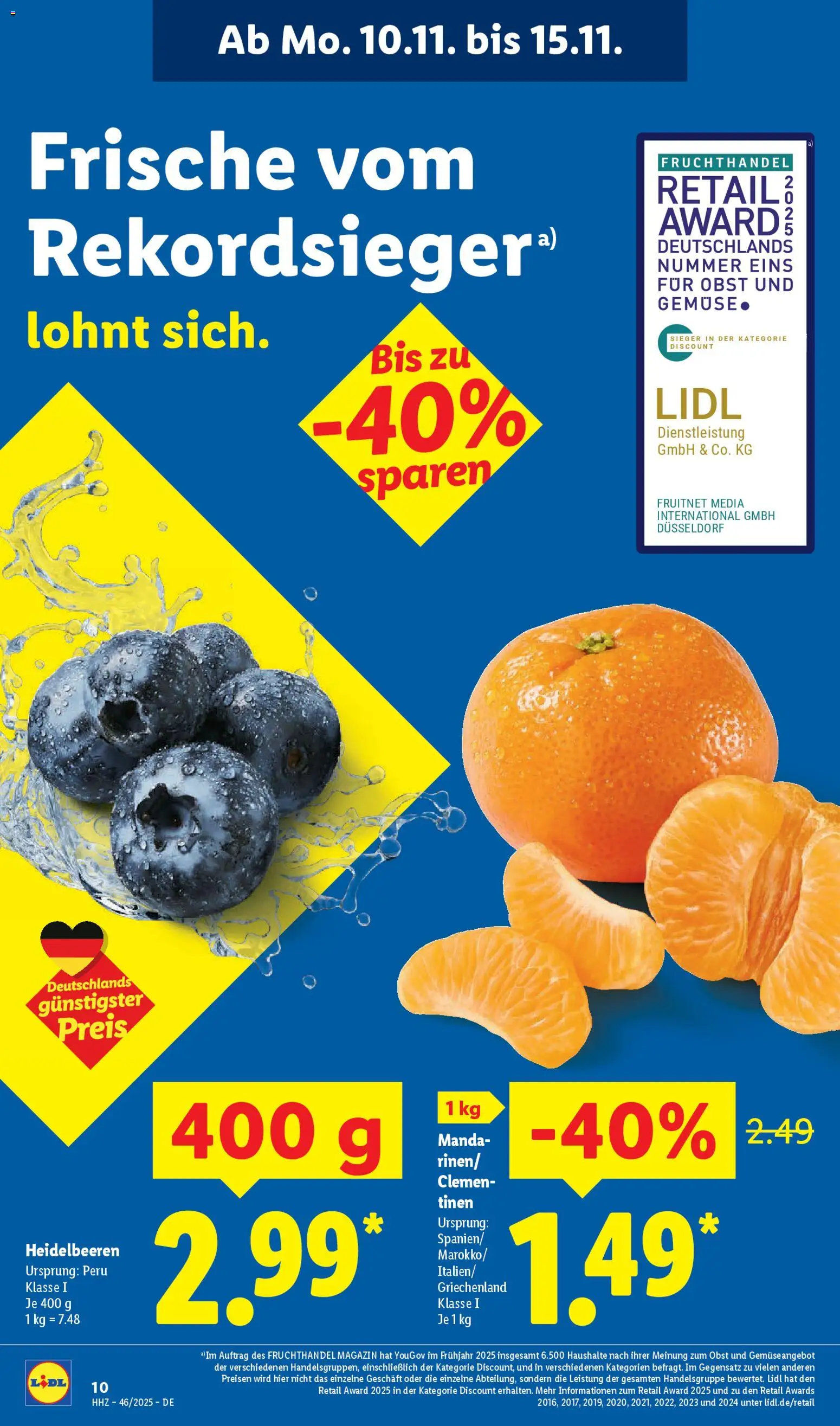 Lidl Prospekt Gundelsheim – gültig ab 10.11.2025 | Seite: 14 | Produkte: Heidelbeeren, Gemüse, Obst
