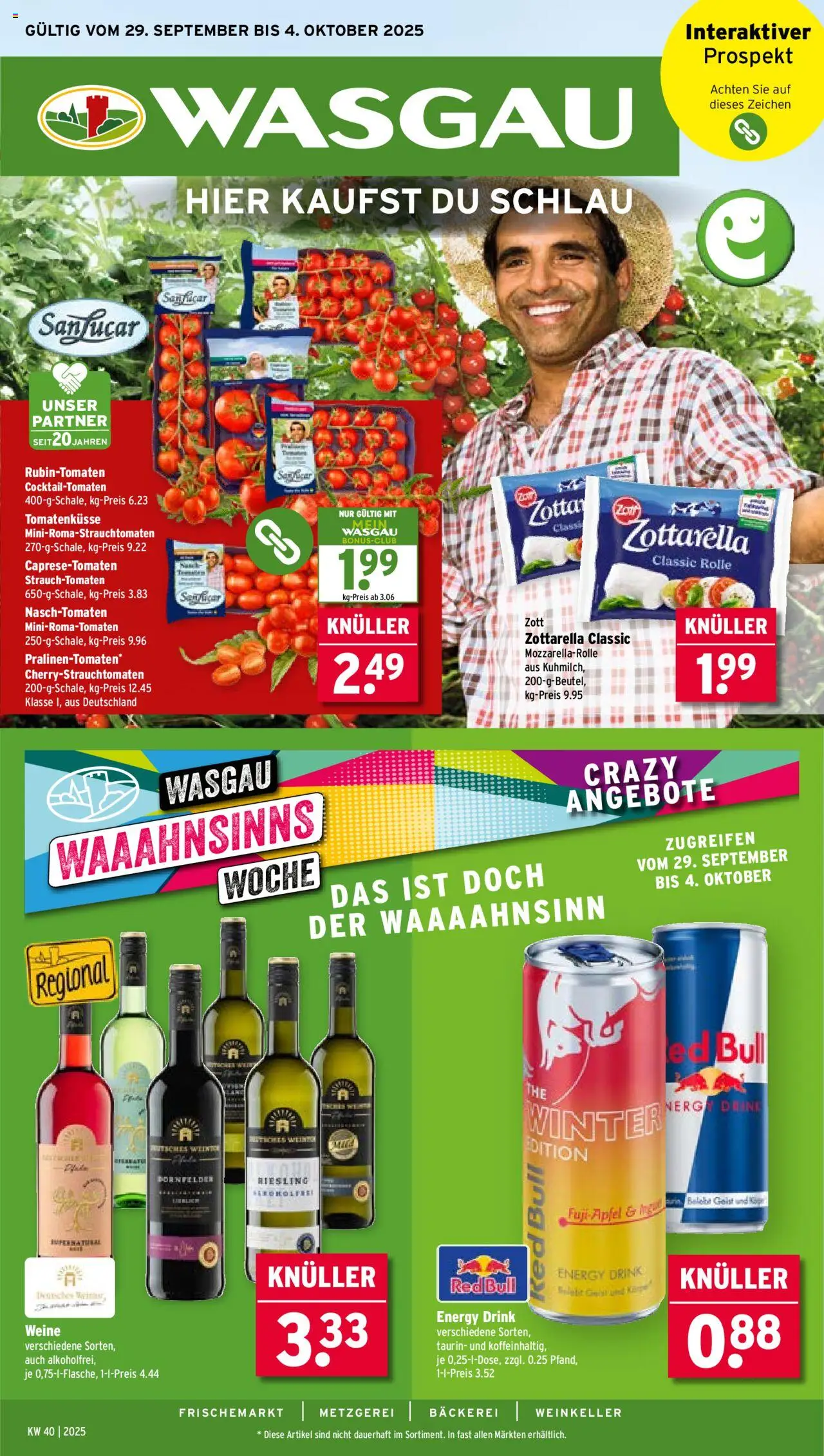Wasgau Prospekt 	 – gültig ab 29.09.2025 | Seite: 1 | Produkte: Bäckerei, Red bull, Energy