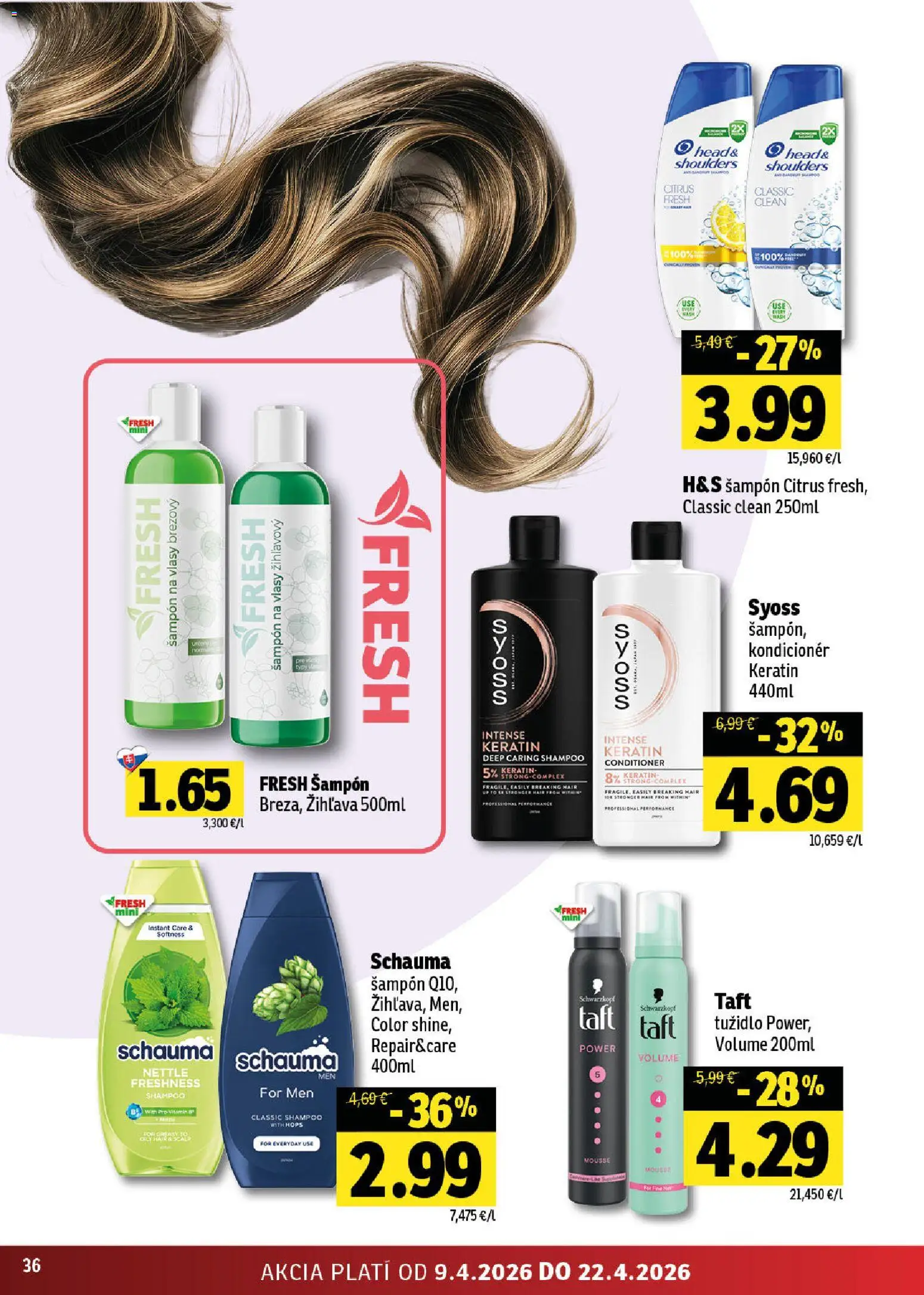 Nové Fresh akcie – leták je platný od 09.04.2026 | Strana: 36 | Produkty: Šampón, Kondicionér