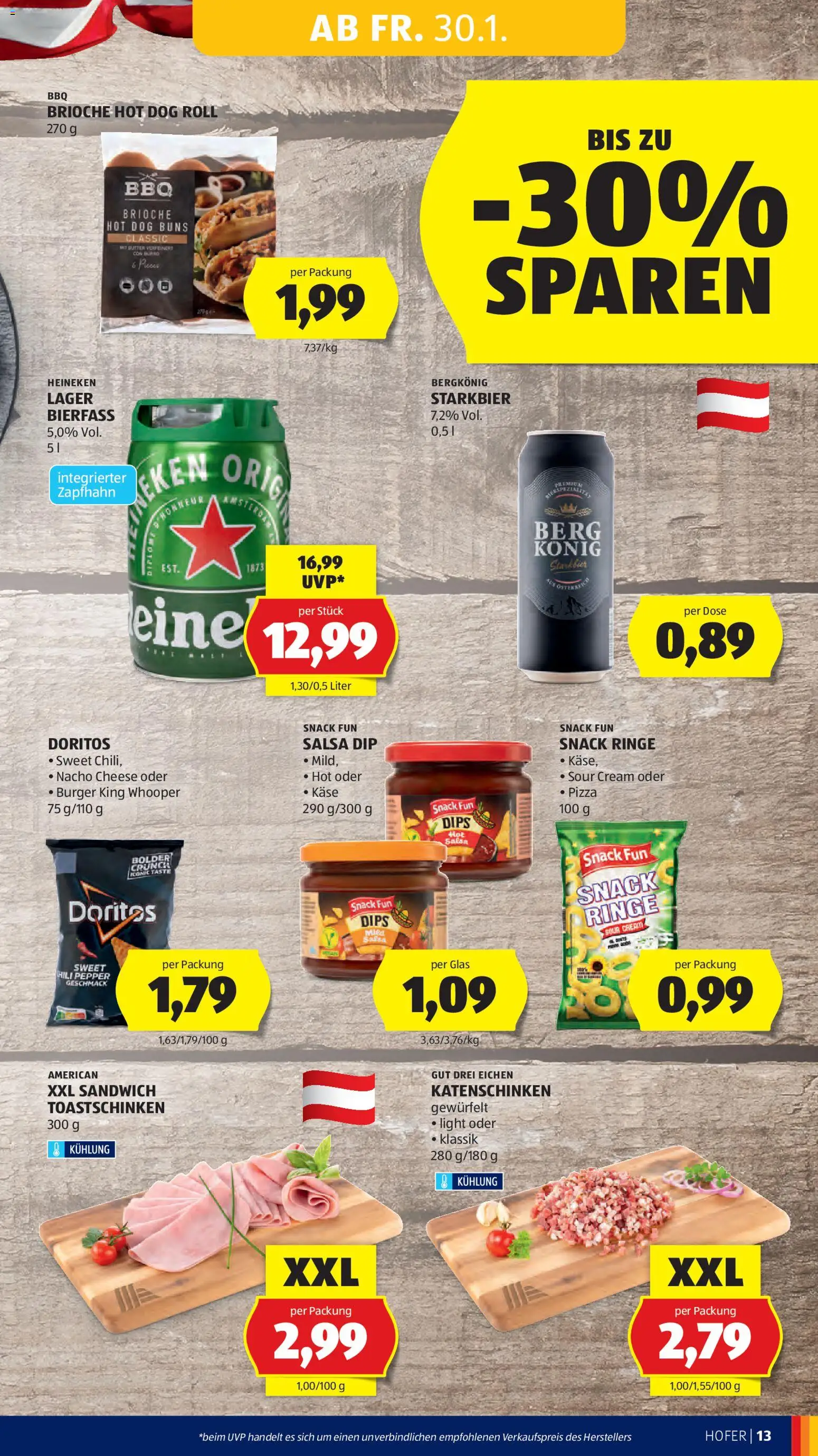 Hofer AT akciós ujság - amely érvényes a következő dátumtól: 30.01.2026 | Oldal: 15 | Termékek: Hot dog, Heineken, Pizza