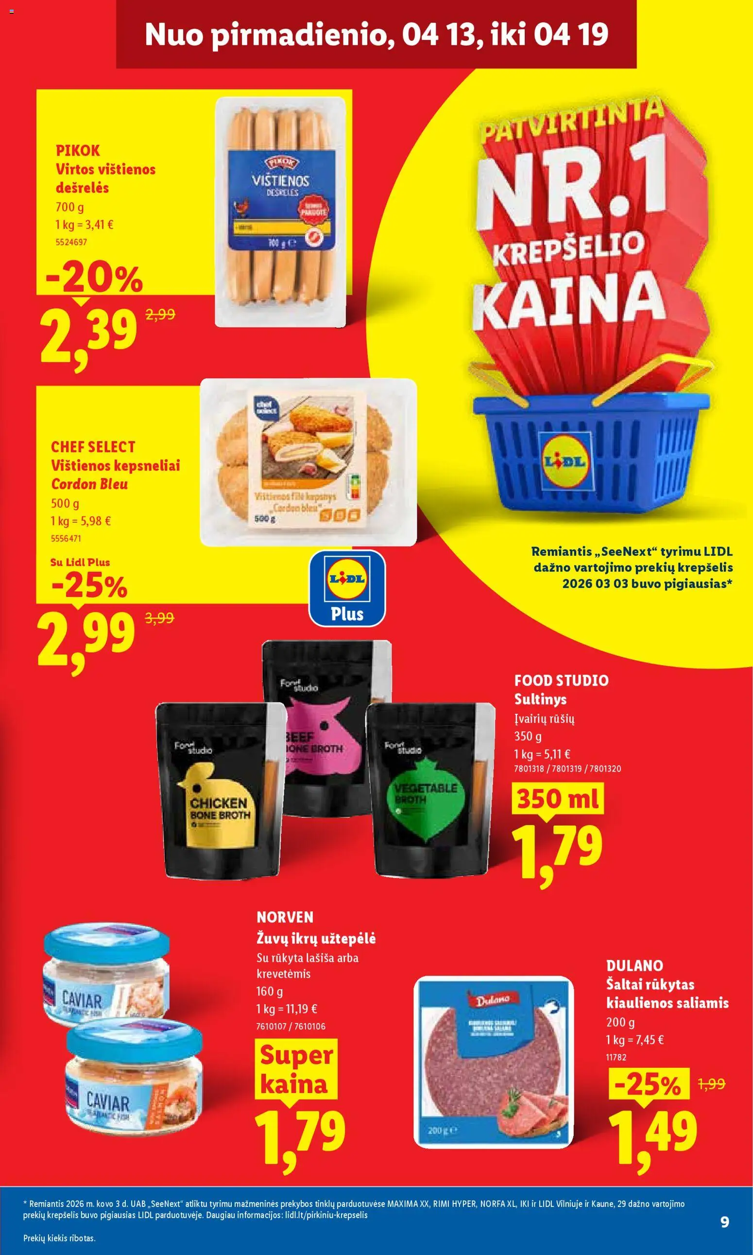 LIDL akcijos nuo 13.04.2026 | Puslapis: 9 | Prekių: Kiaulienos, Dešrelės, Saliamis, Krepšelis