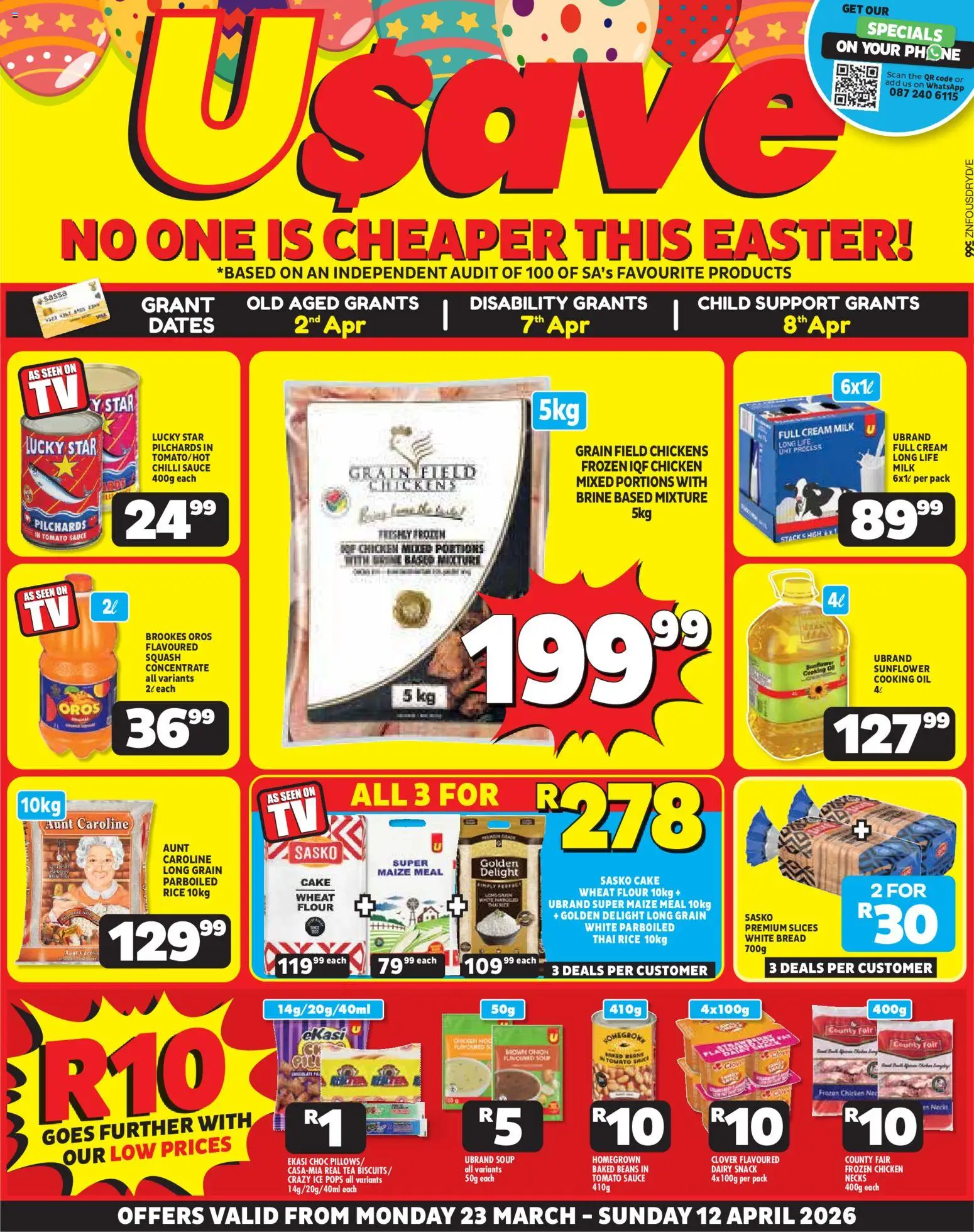 New Usave catalogue – valid from 23.03.2026 | Page: 1 | Products: Baked beans, Milk, Oil, Chicken