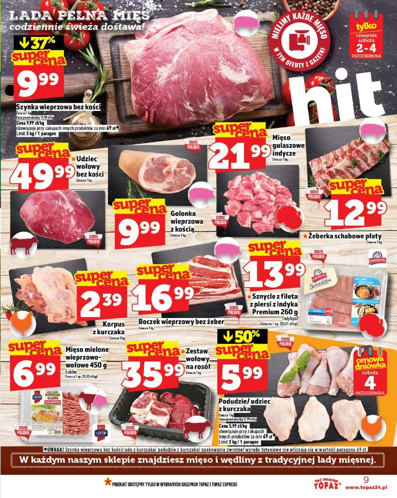 Topaz Gazetka od 02.10.2025 | Strona: 9 | Produkty: Mięso, Szynka wieprzowa, Golonka wieprzowa, Szynka