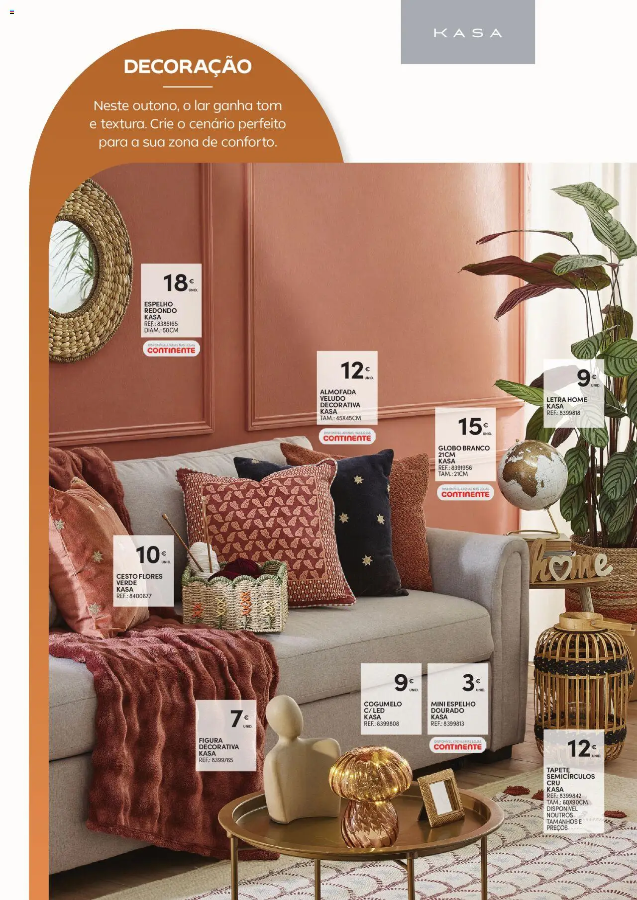Continente - Casa Outono: A Vida passa a comer, no conforto de casa │ válido de 14.10.2025 | Página: 12 | Produtos: Flores, Almofada, Espelho, Tapete