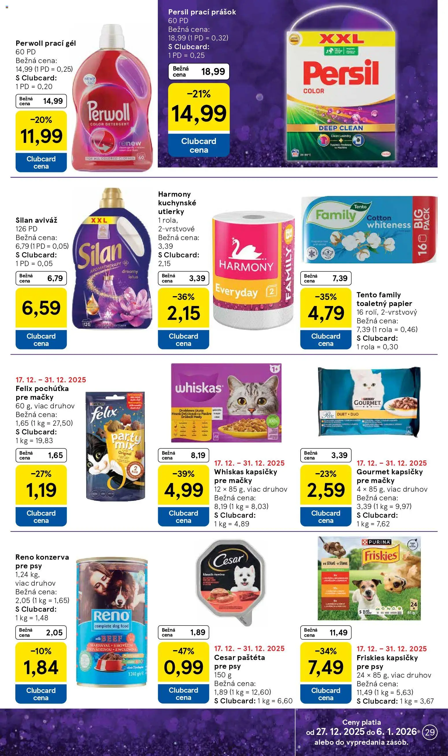 Nové Tesco akcie – leták je platný od 27.12.2025 | Strana: 29 | Produkty: Friskies, Persil, Prací prášok, Aviváž