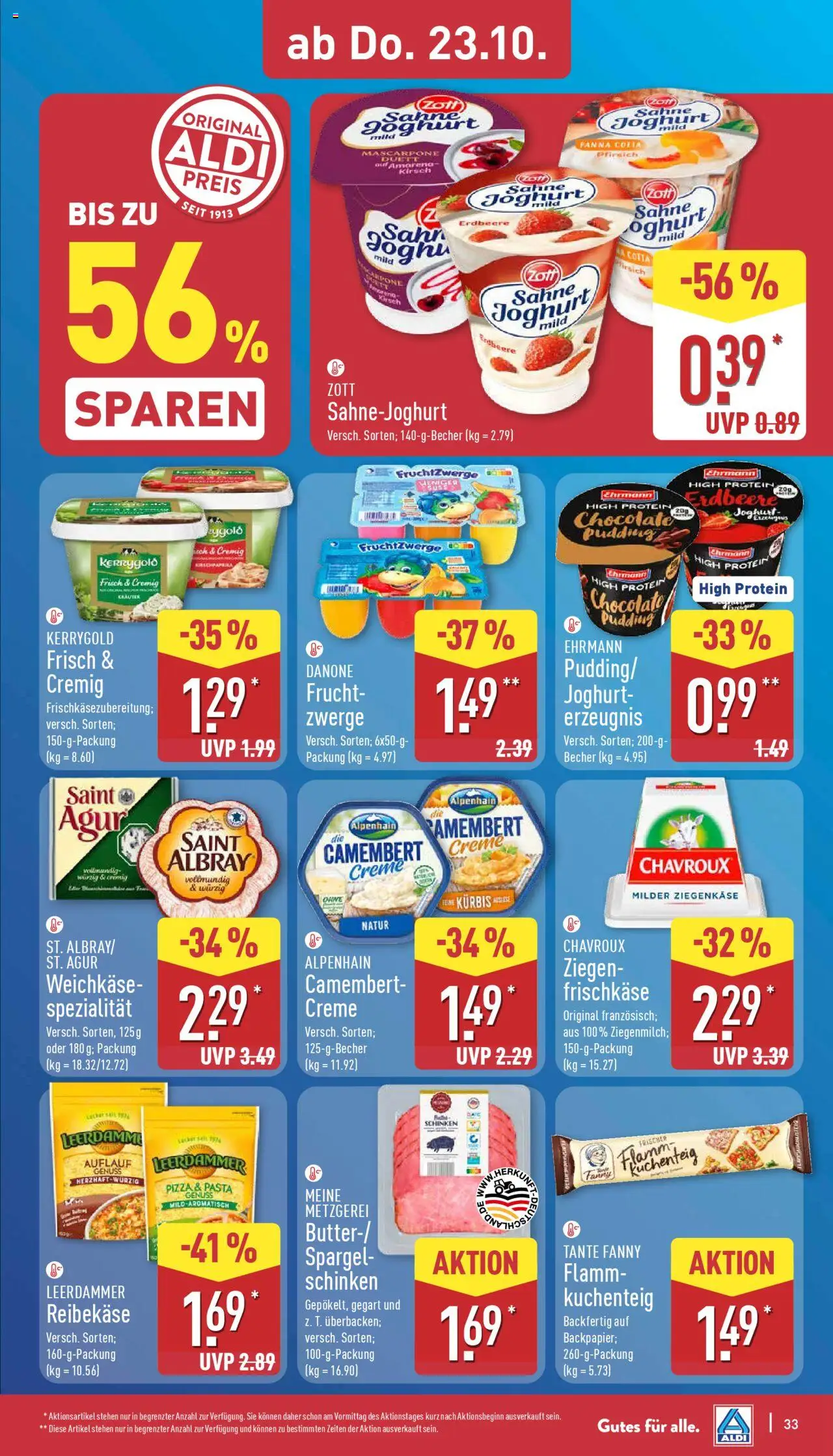 Aldi Prospekt 	 – gültig ab 20.10.2025 | Seite: 33 | Produkte: Fruchtzwerge, Ziegenkäse, Reibekase, Frischkase