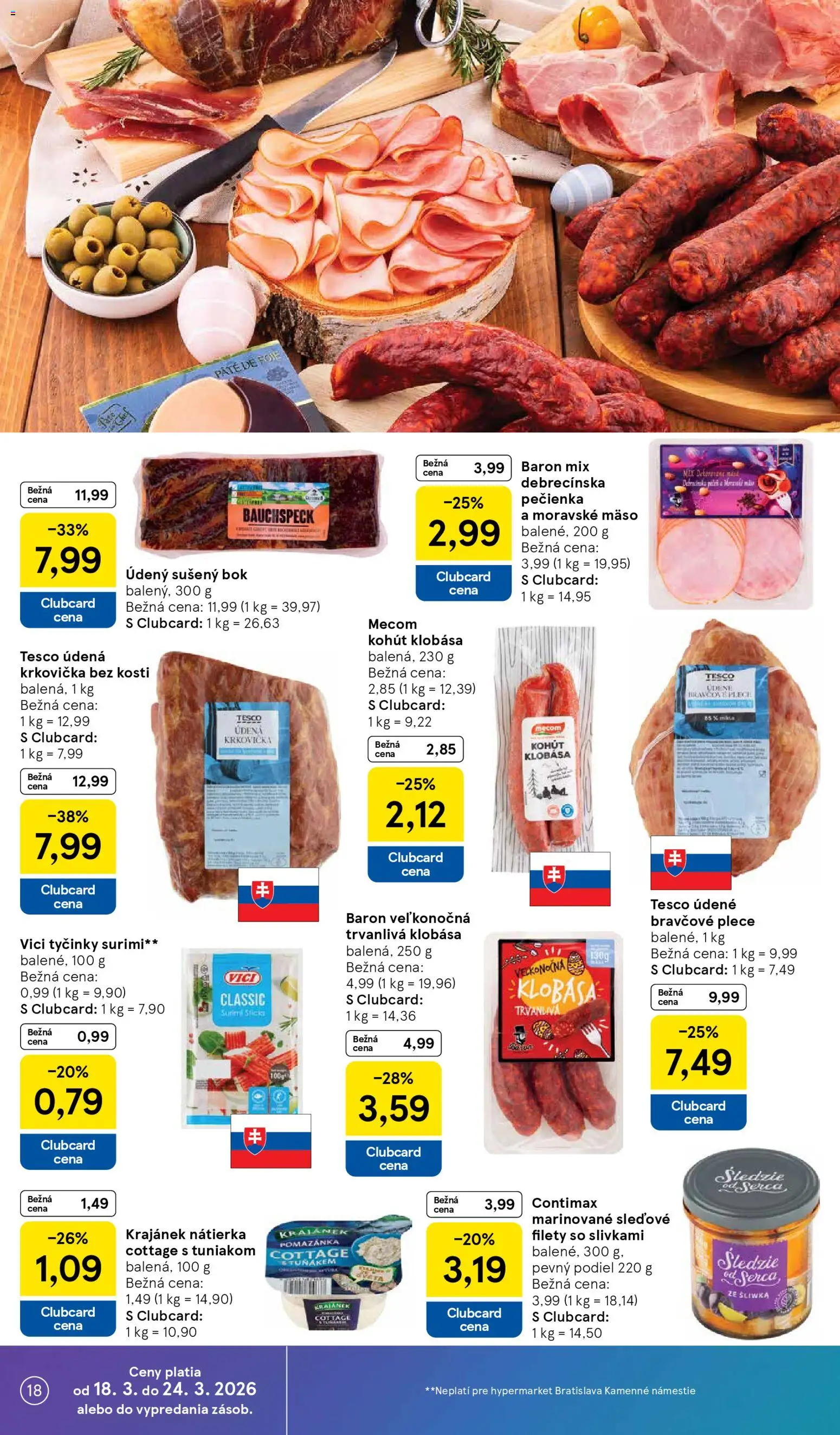 Nové Tesco akcie – leták je platný od 18.03.2026 | Strana: 18 | Produkty: Klobása, Bravčové plece, Krkovička