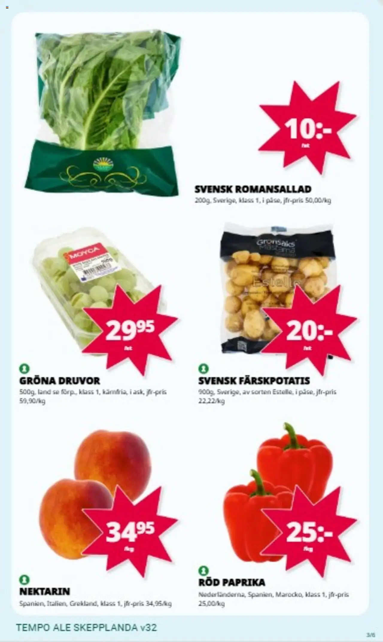 Tempo reklamblad aktuell från 04.08.2025 | Sida: 3 | Produkter: Färskpotatis, Romansallad, Nektarin, Röd paprika