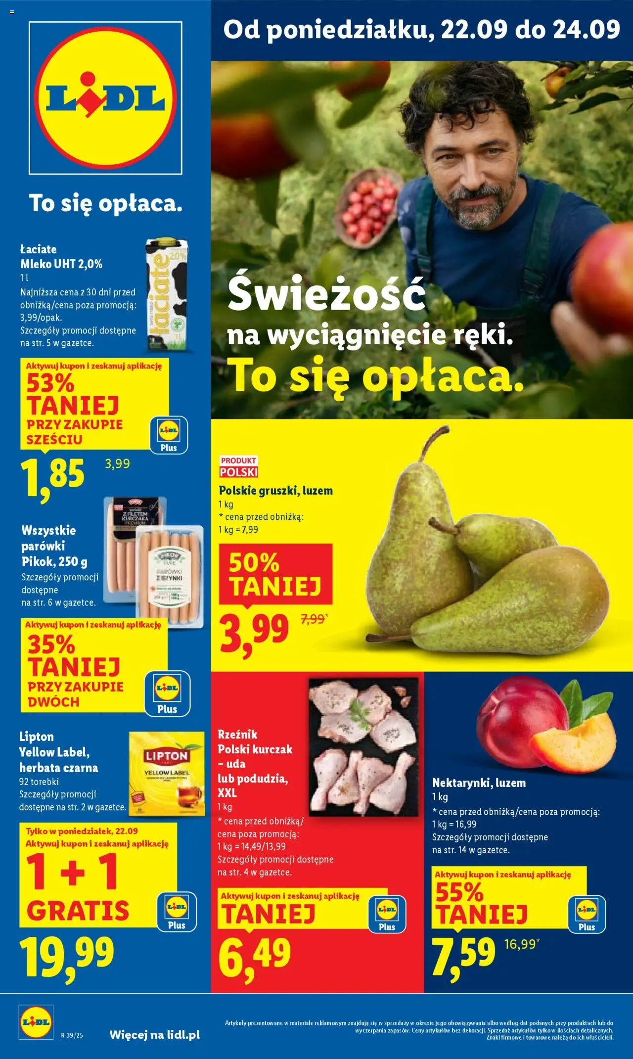 Lidl Gazetka od 22.09.2025 | Strona: 5 | Produkty: Kurczak, Parówki, Mleko, Herbata