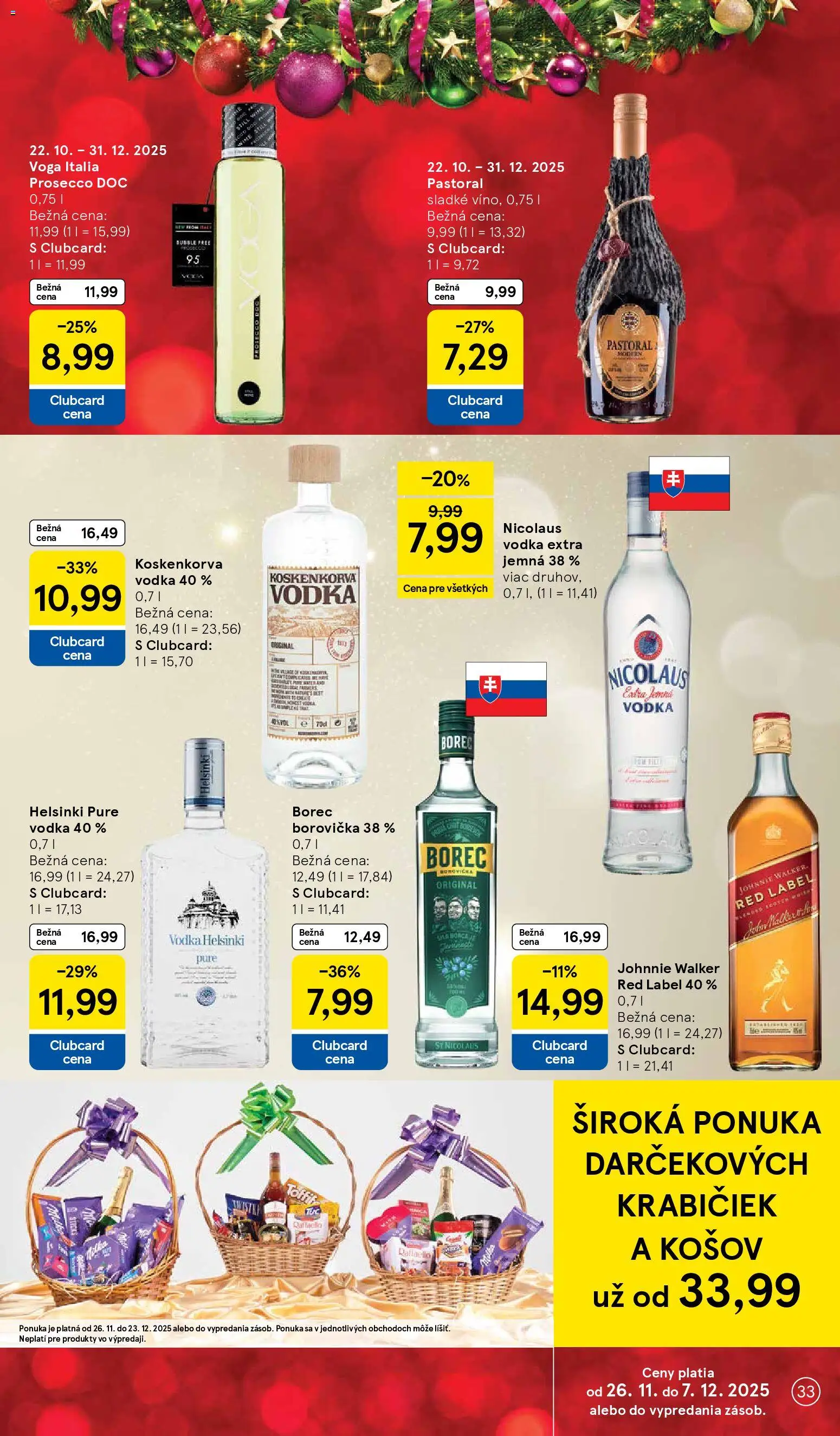 Nové Tesco akcie – leták je platný od 26.11.2025 | Strana: 33 | Produkty: Prosecco, Borovička, Whisky, Nicolaus vodka