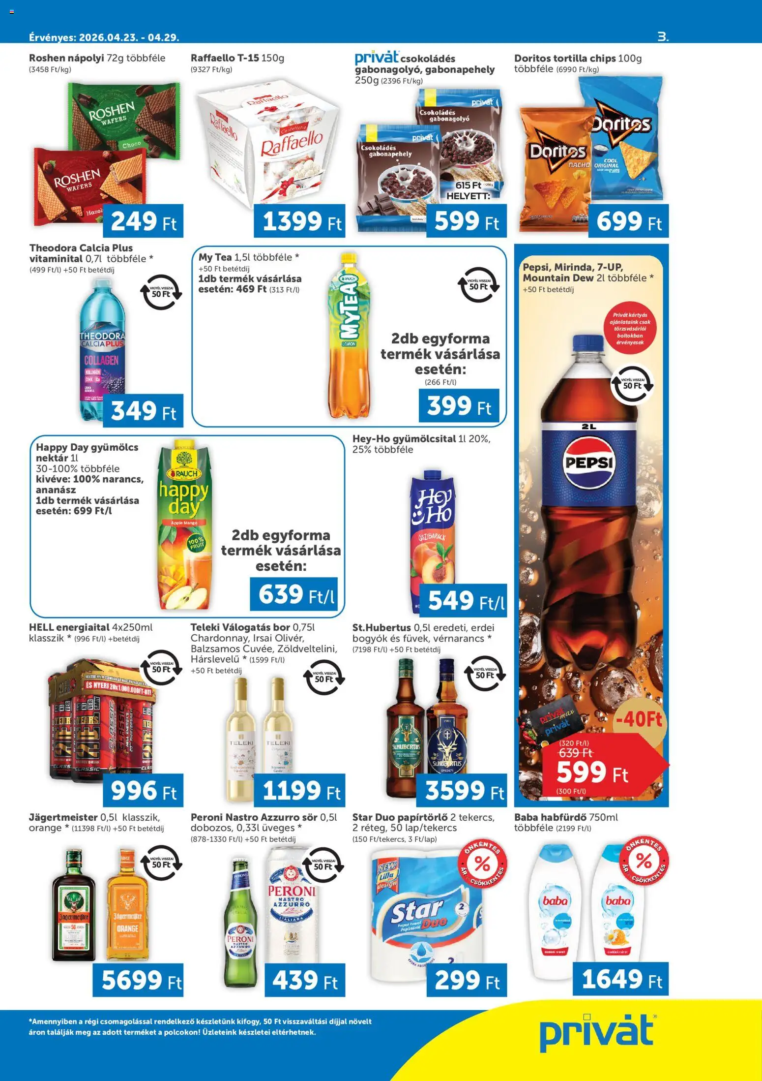 PRIVÁT akciós ujság - amely érvényes a következő dátumtól: 23.04.2026 | Oldal: 3 | Termékek: Gabonapehely, Pepsi, Raffaello, Mangó