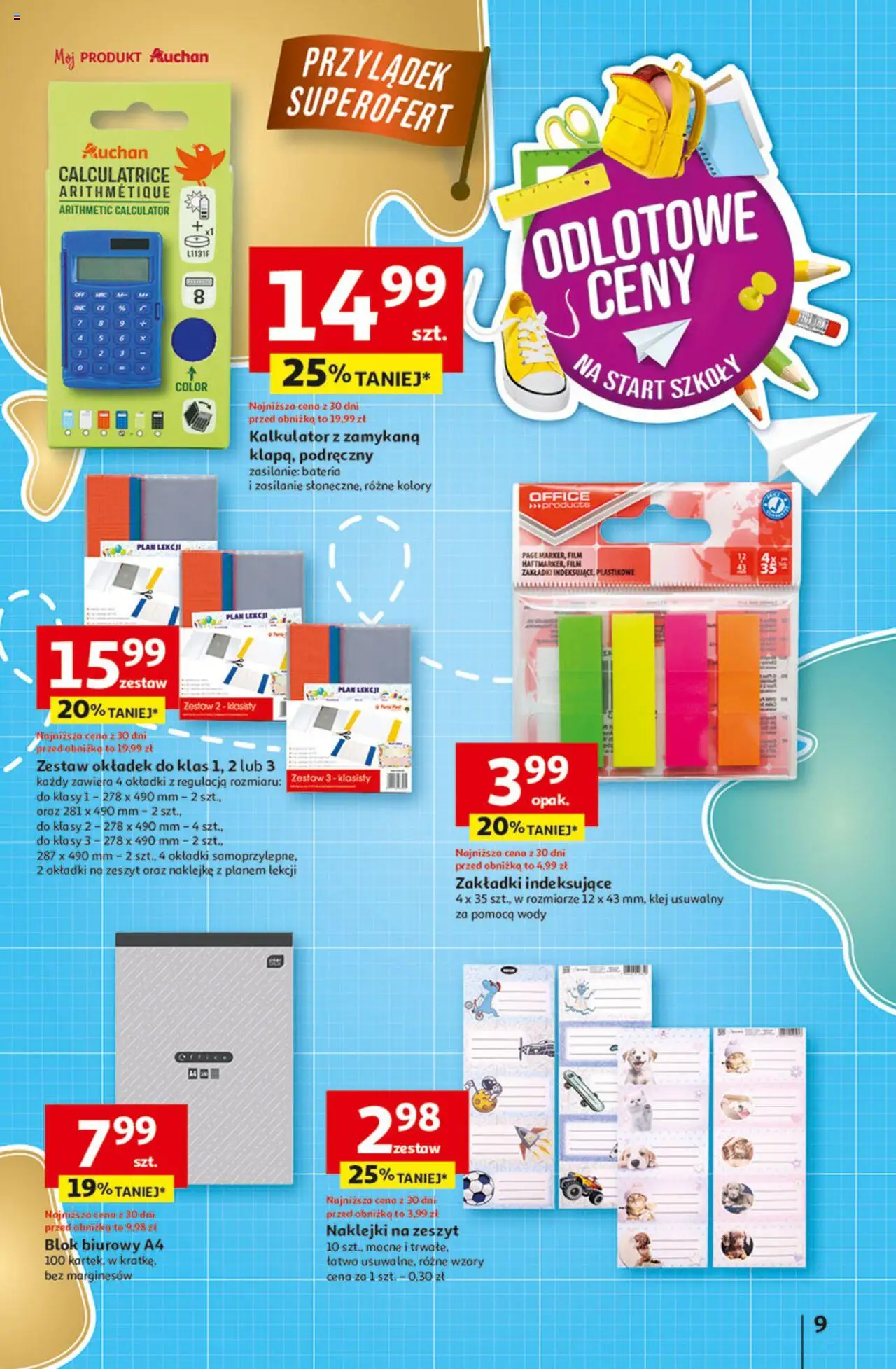 Auchan Gazetka - Odlotowe ceny na start szkoły Hipermarket od 14.08.2025 | Strona: 9 | Produkty: Kalkulator, Zeszyt, Bateria, Naklejki