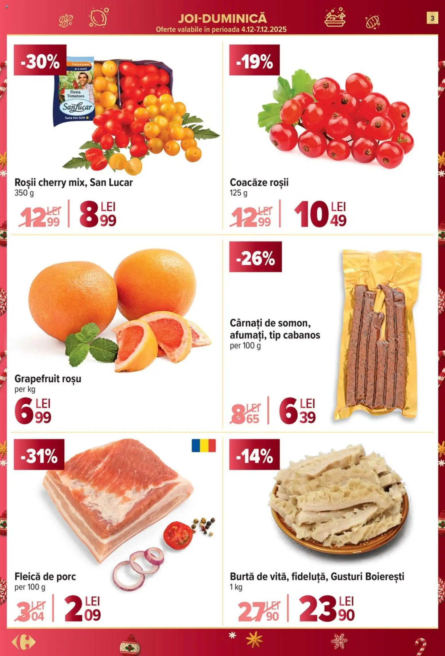 Noul catalog Carrefour – valabil de la 03.12.2025 | Pagină: 3 | Produse: Roșii, Fleică, Cârnați