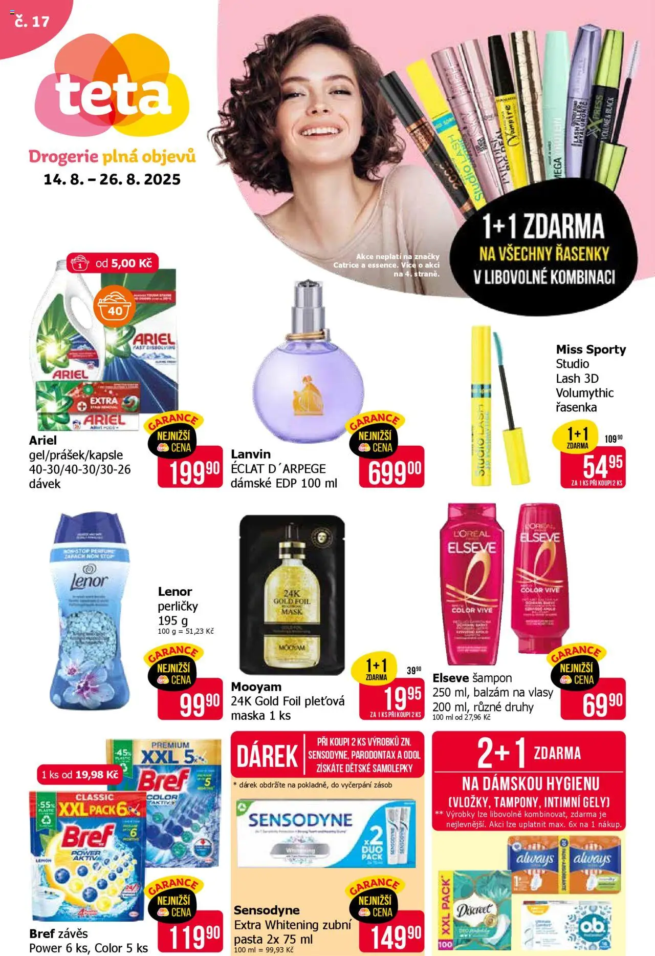 TETA Drogerie leták od 14.08.2025 | Strana: 1 | Produkty: Lenor, Balzám na vlasy, Miss Sporty, Maska