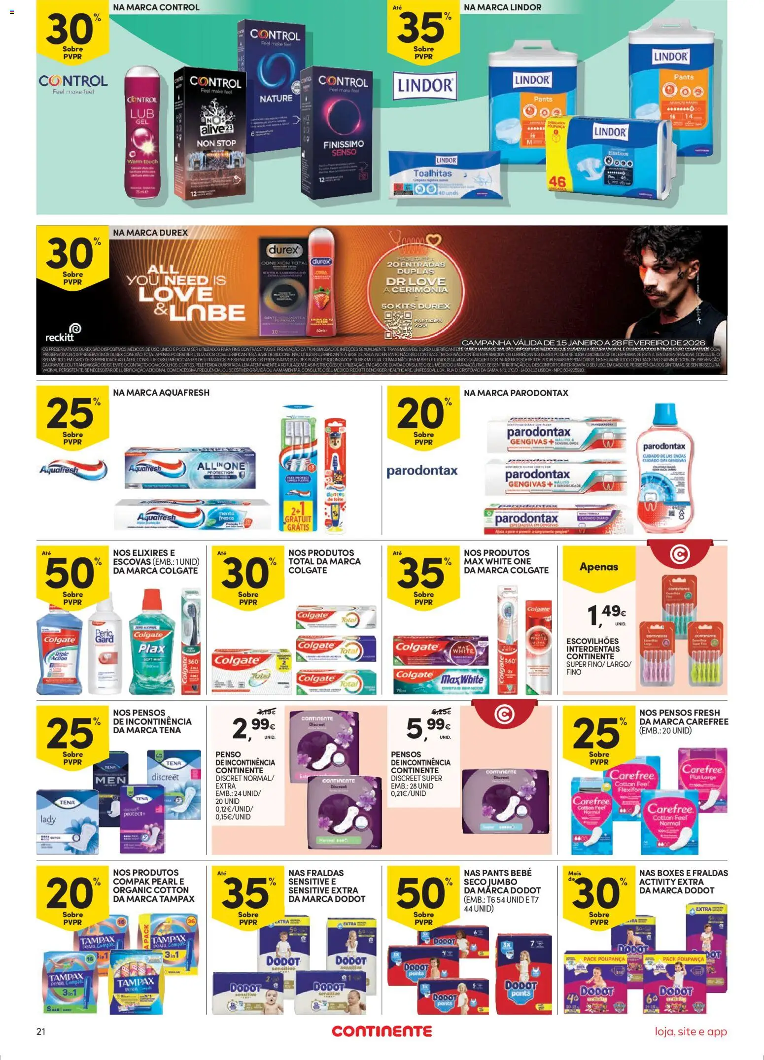 Continente Semanal Continente Bom Dia │ válido de 17.02.2026 | Página: 21 | Produtos: Fraldas, Preservativos, Base, Leite
