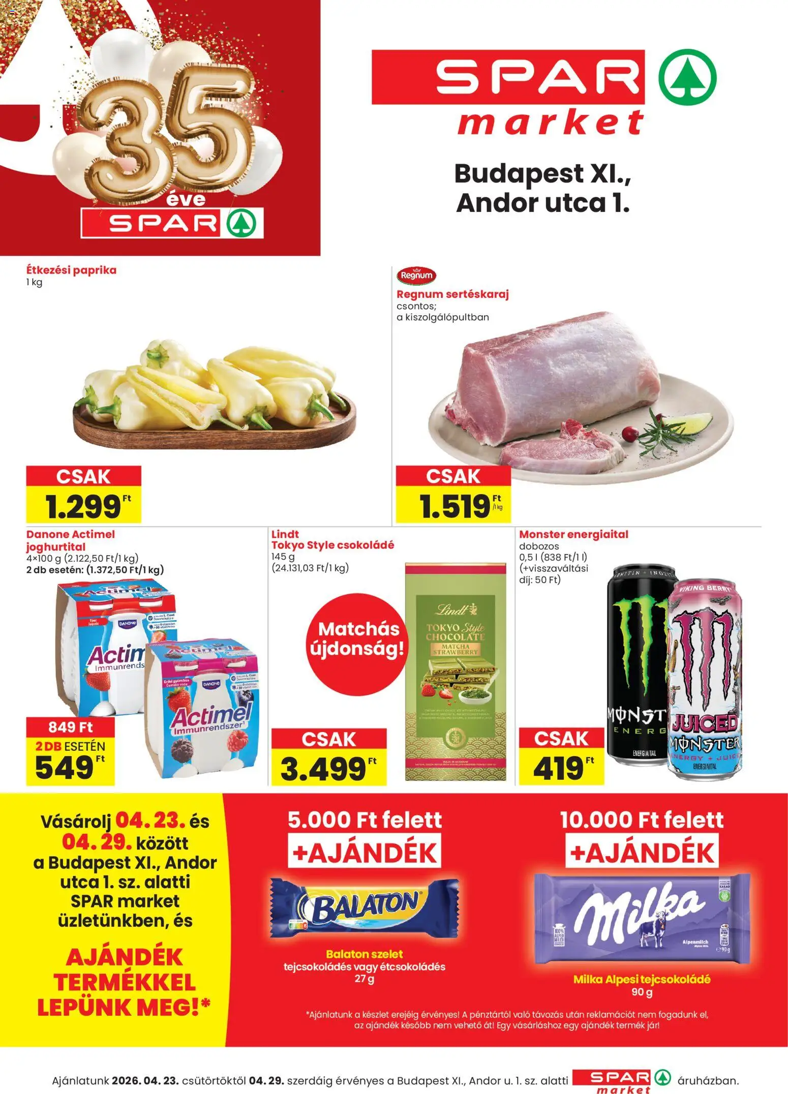 Spar Market akciós ujság - amely érvényes a következő dátumtól: 23.04.2026 | Oldal: 1 | Termékek: Energiaital, Actimel, Sertéskaraj, Csokoládé